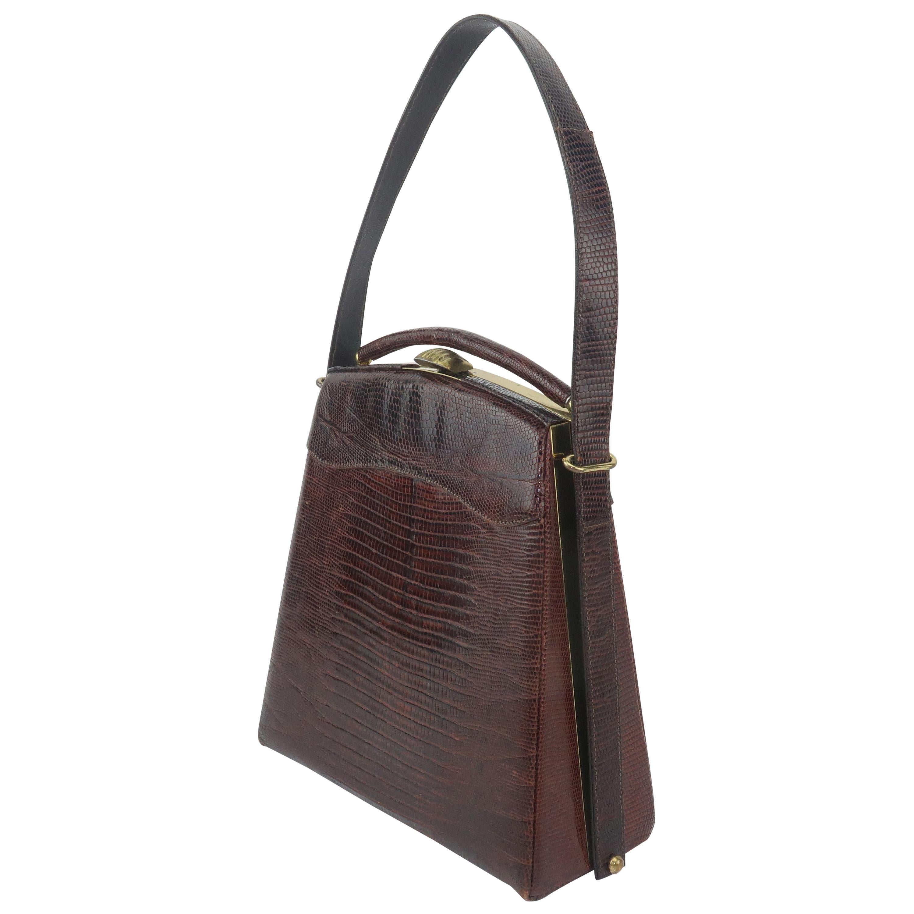 Brown Lizard Skin Top Handle Handbag With Unique Silhouette, 1950's