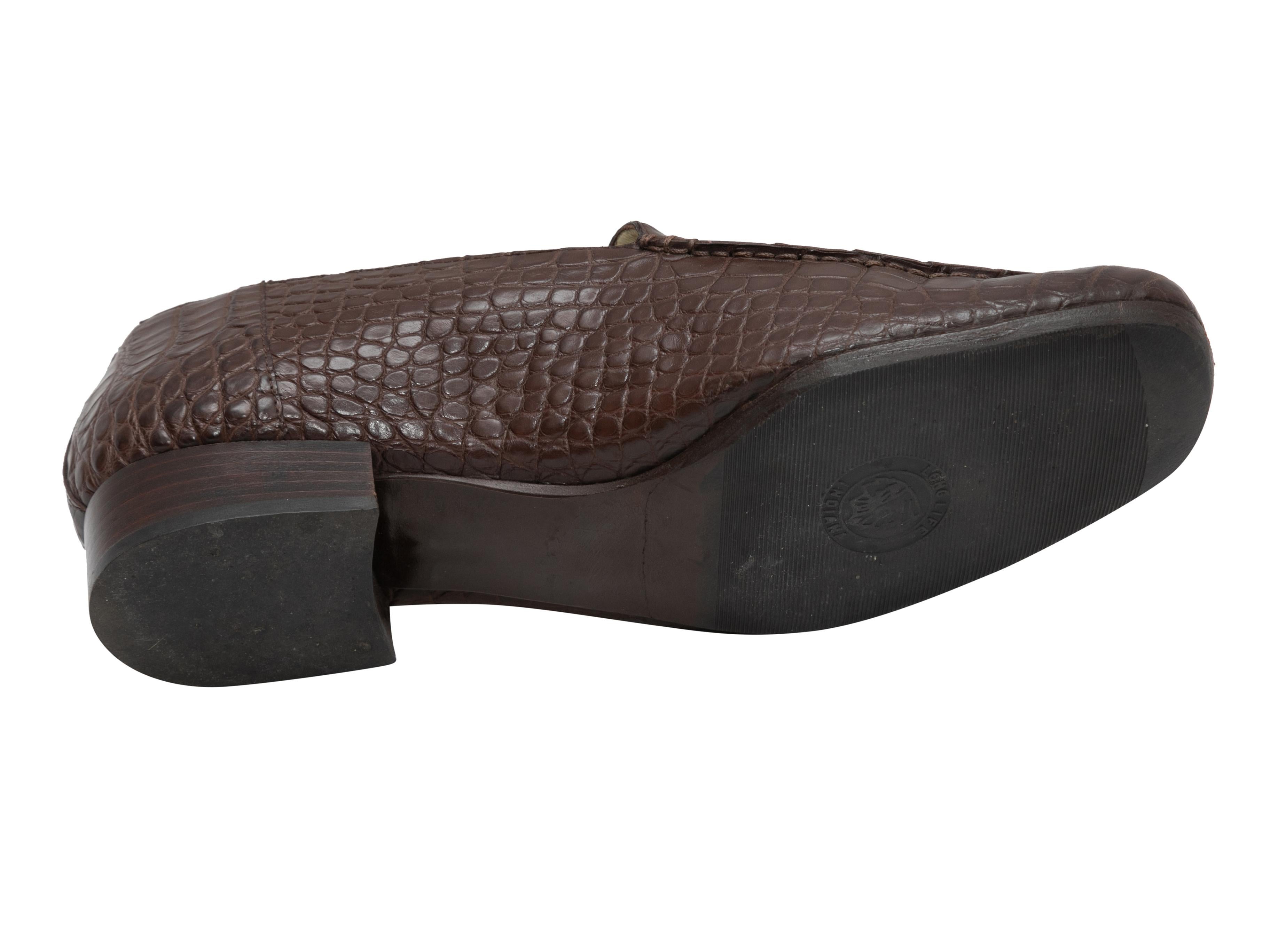 Brown croc skin loafers by Luciano Barbera. Stacked heels. 1