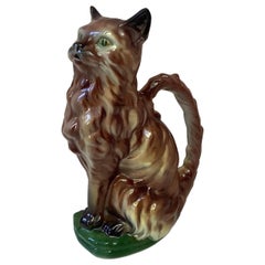 Antique Brown Majolica Cat Pitcher Keller Et Guerin Saint Clement, circa 1900