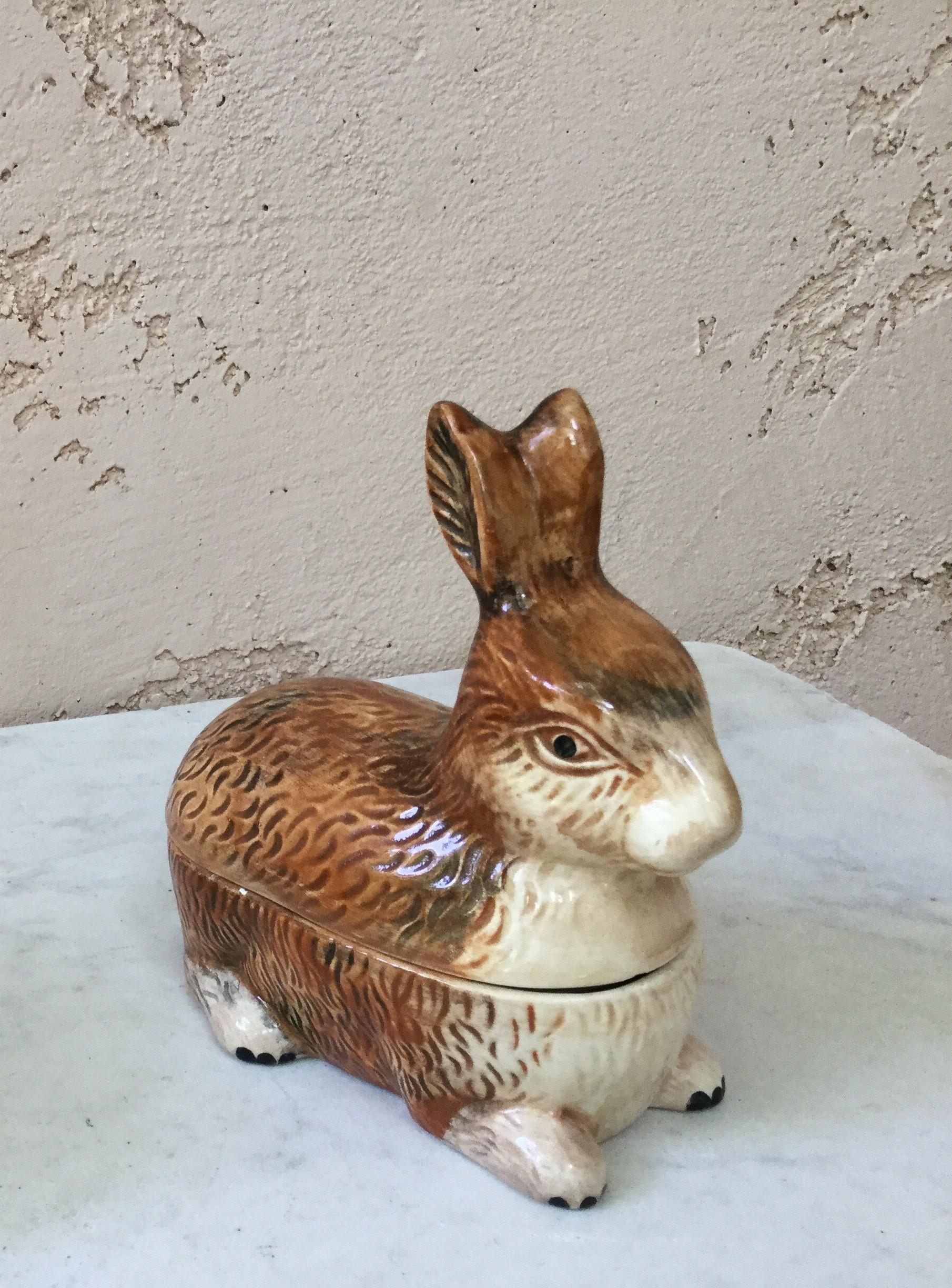 Majolica small rabbit tureen signed Caugant, circa 1940-1950.