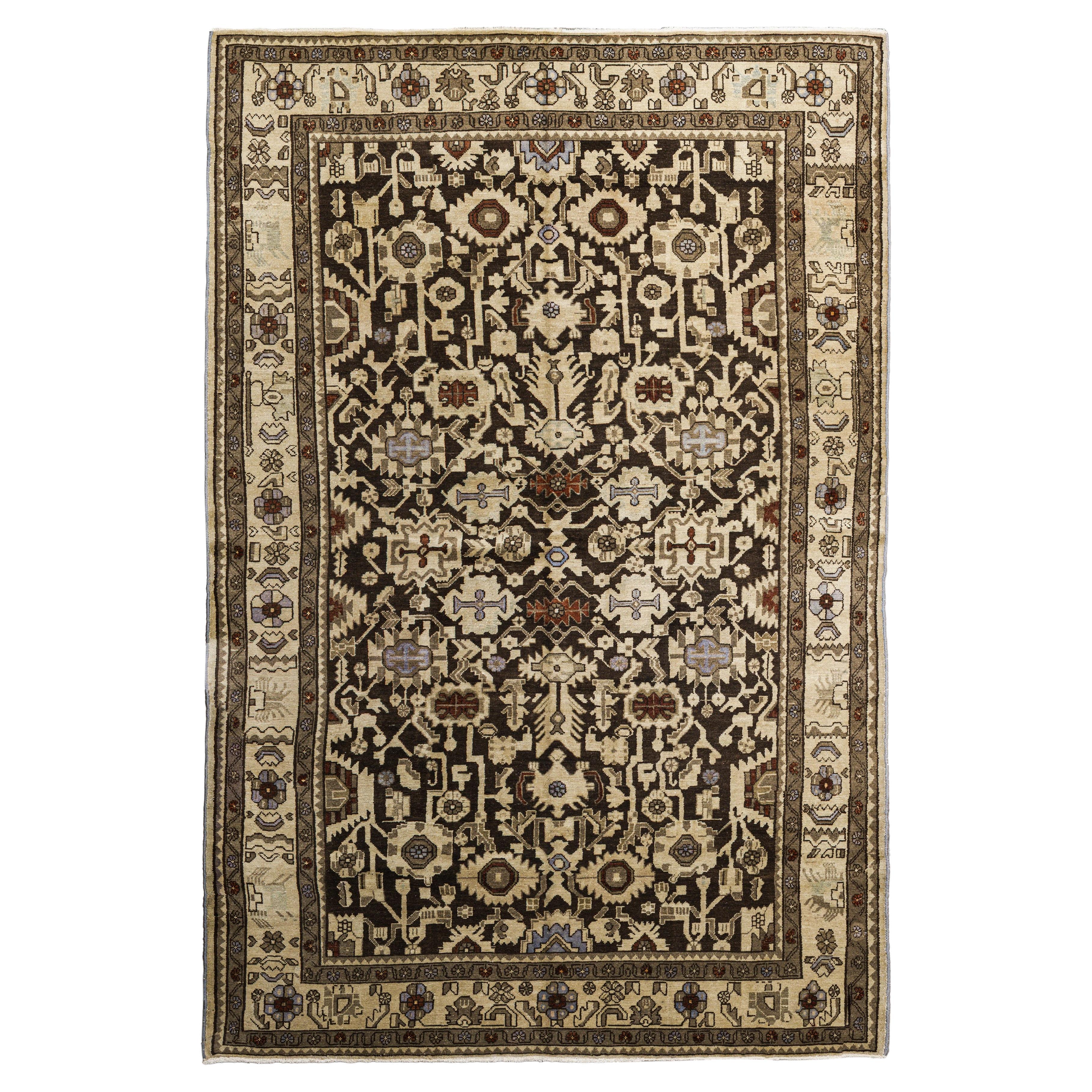 Brown Malayer Wool Hand Knotted Rug 7 ft x 10 ft , Tribal Geometry Weave For Sale