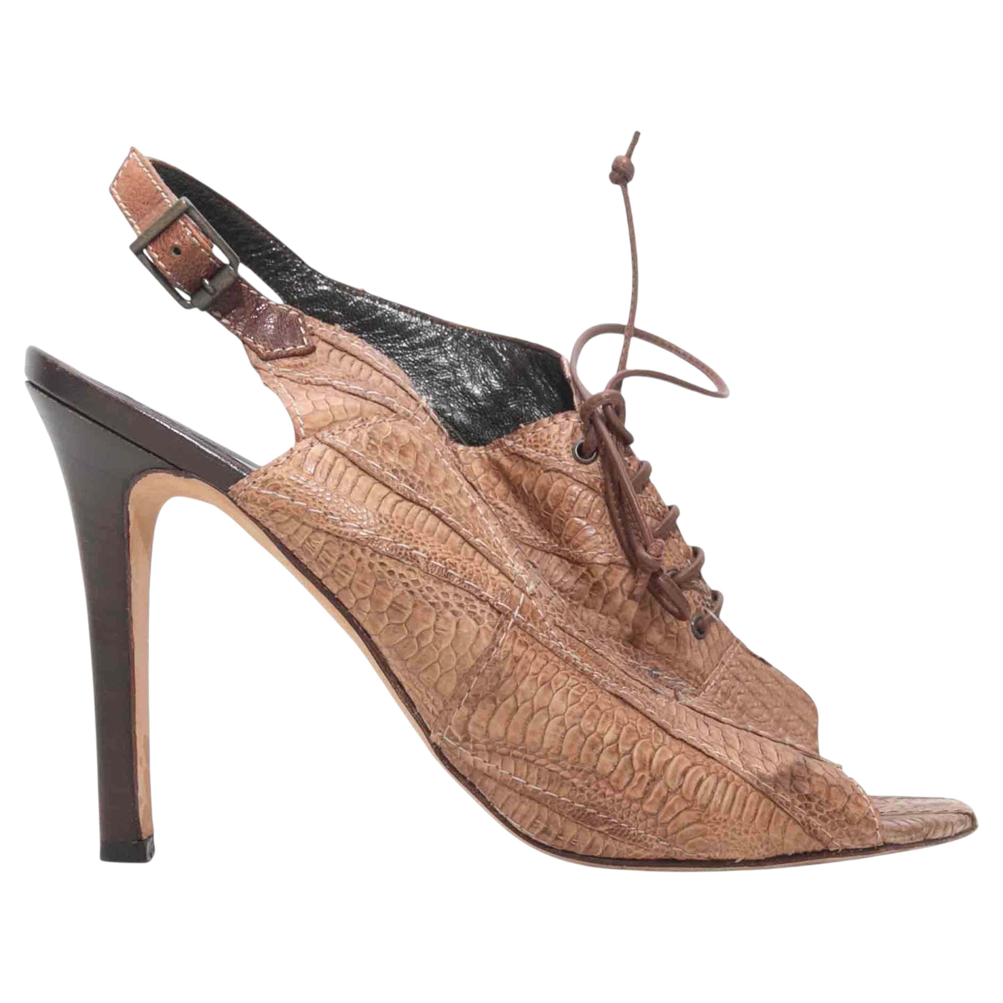 Pre-owned Manolo Blahnik Brown Snakeskin Peep-toe Slingback Heels Size 40