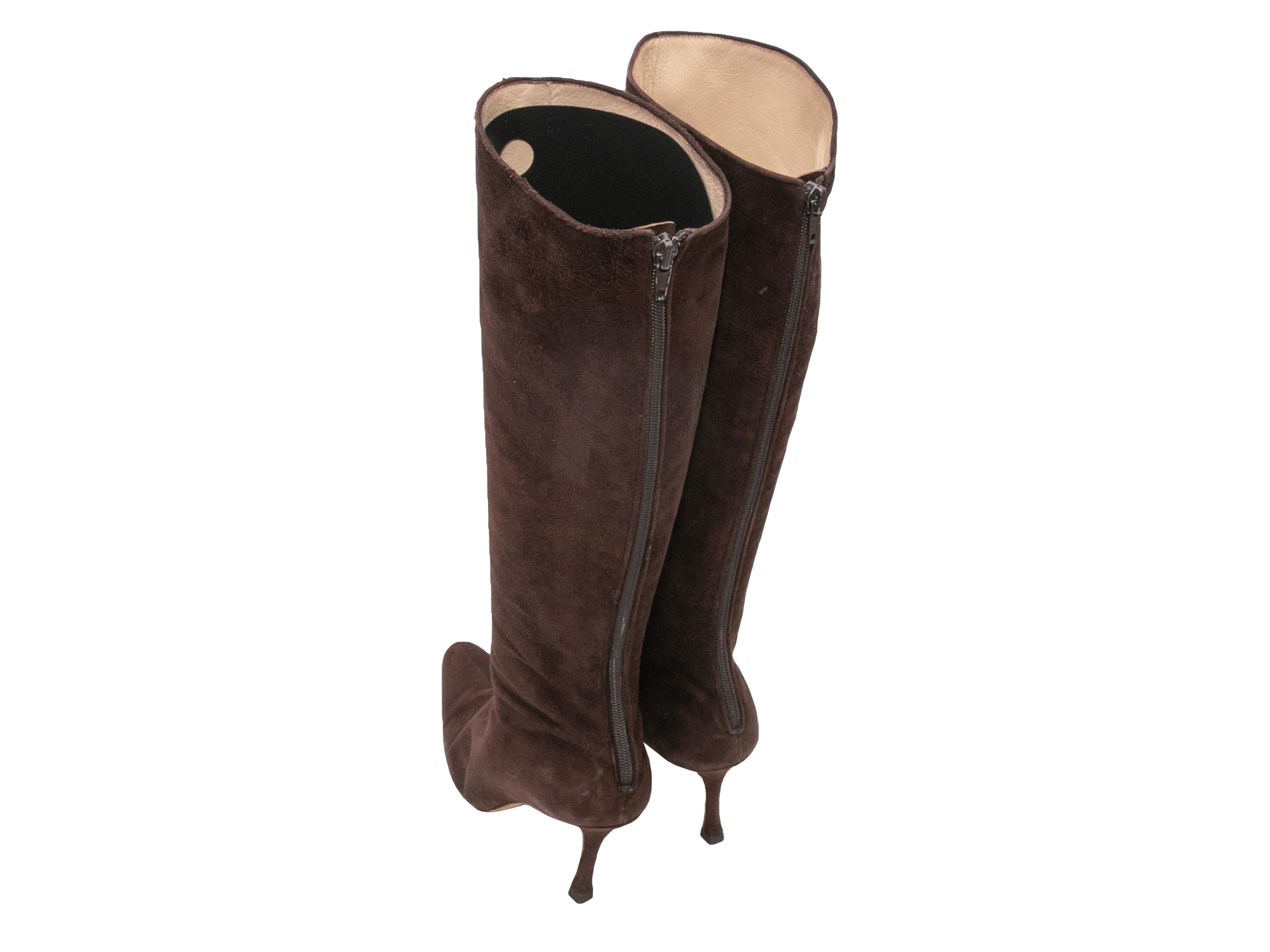 Black Brown Manolo Blahnik Suede Pointed-Toe Knee-High Heeled Boots Size 38 For Sale