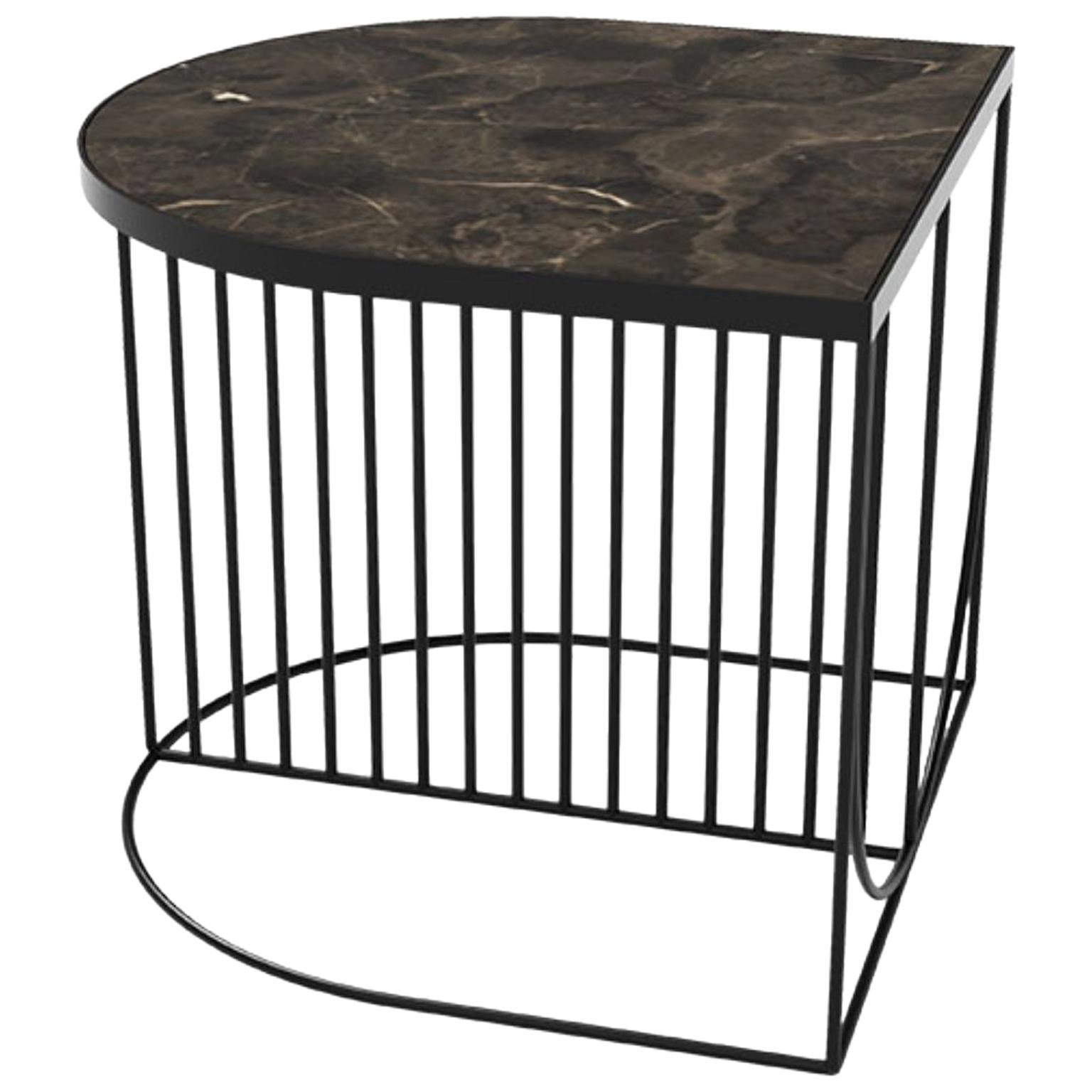 Brown Marble and Black Steel Contemporary Side Table For Sale