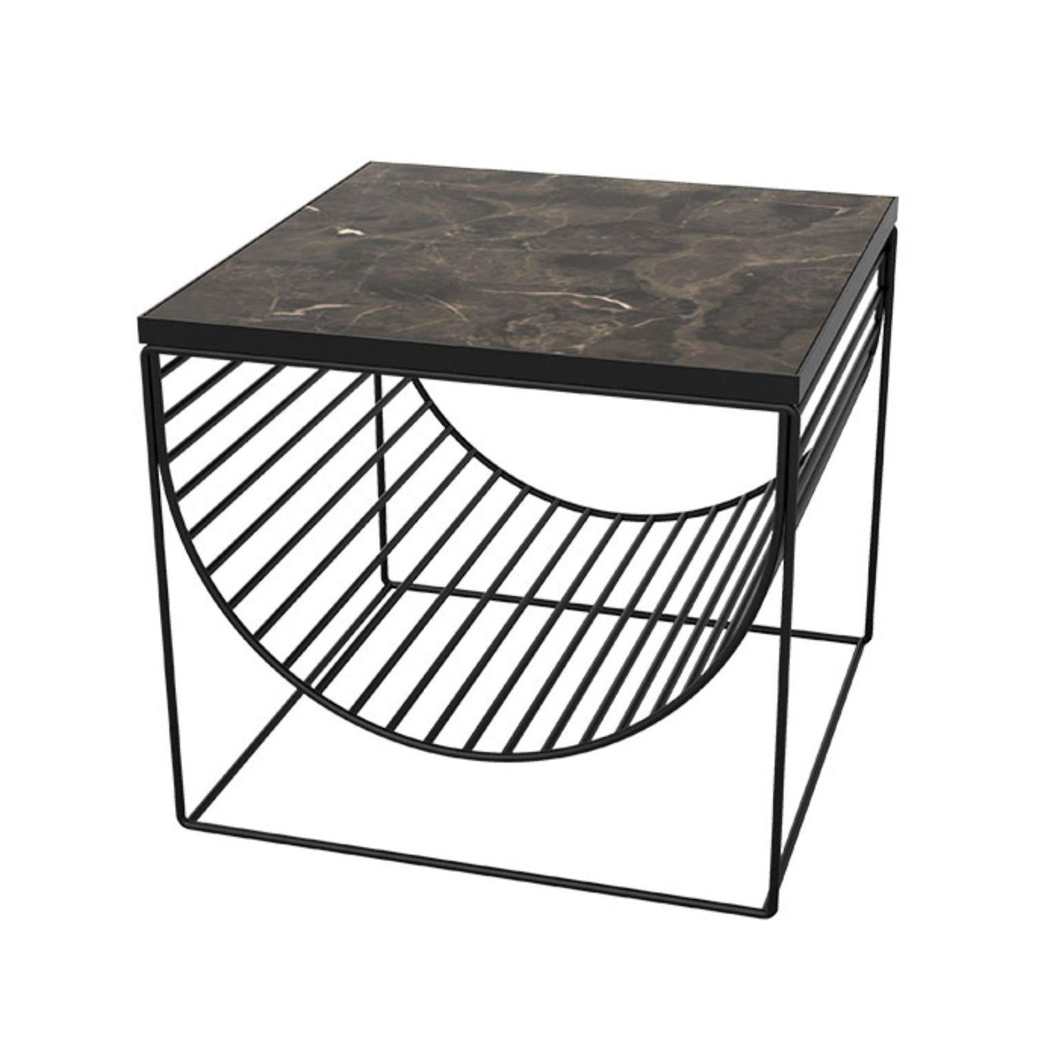 Black marble and black steel side table.
Dimensions: L 50 x W 50 x H 44.3 cm
Materials: Marble and steel

This series consists of three different designs that you can combine in many different ways. The table tops come in two different colored