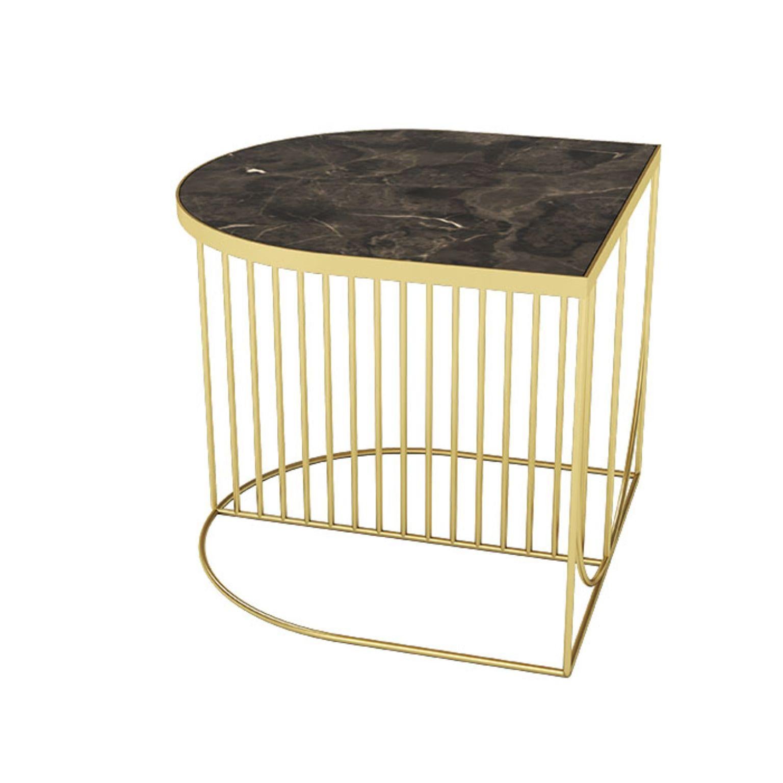 Brown marble and gold steel contemporary side table.
Dimensions: L 50 x W 50 x H 44.3 cm
Materials: Marble and steel 

This series consists of three different designs that you can combine in many different ways. The table tops come in two
