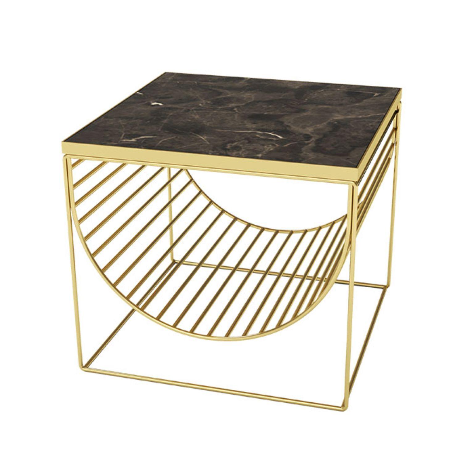Black marble and gold steel side table
Dimensions: L 50 x W 50 x H 44.3 cm
Materials: Marble, steel

This series consists of three different designs that you can combine in many different ways. The table tops come in two different colored