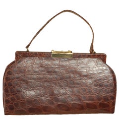 Brown Matte Alligator Top Handle Hourglass Purse with Comb and Mirror, 1950s