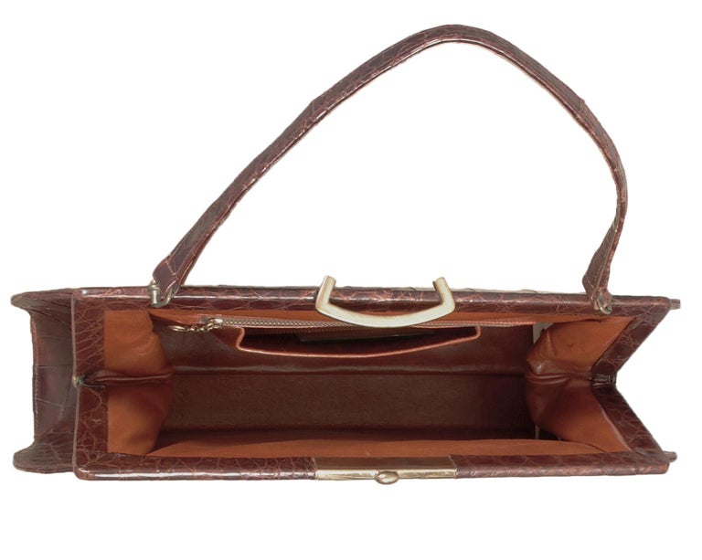 Sac à Main Vintage Cuir Crocodile Brun + Porte-monnaie - Années 50/60 - Occasion Très Bon état
