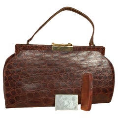 Brown Matte Alligator Top Handle Hourglass Purse with Comb and Mirror, 1950s