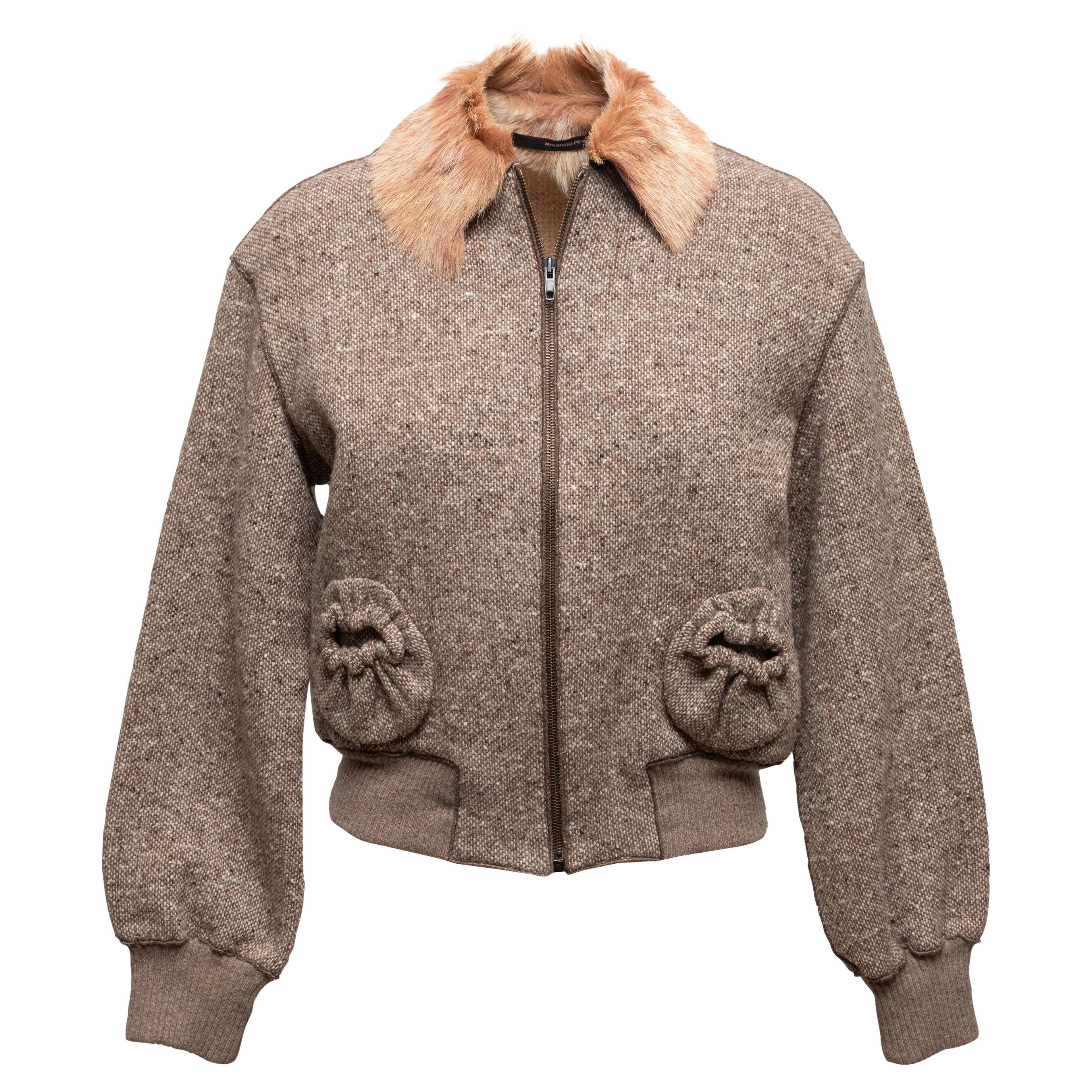 Brown Maurizio Pecoraro Virgin Wool Goat Hair-Trimmed Jacket Size IT 42