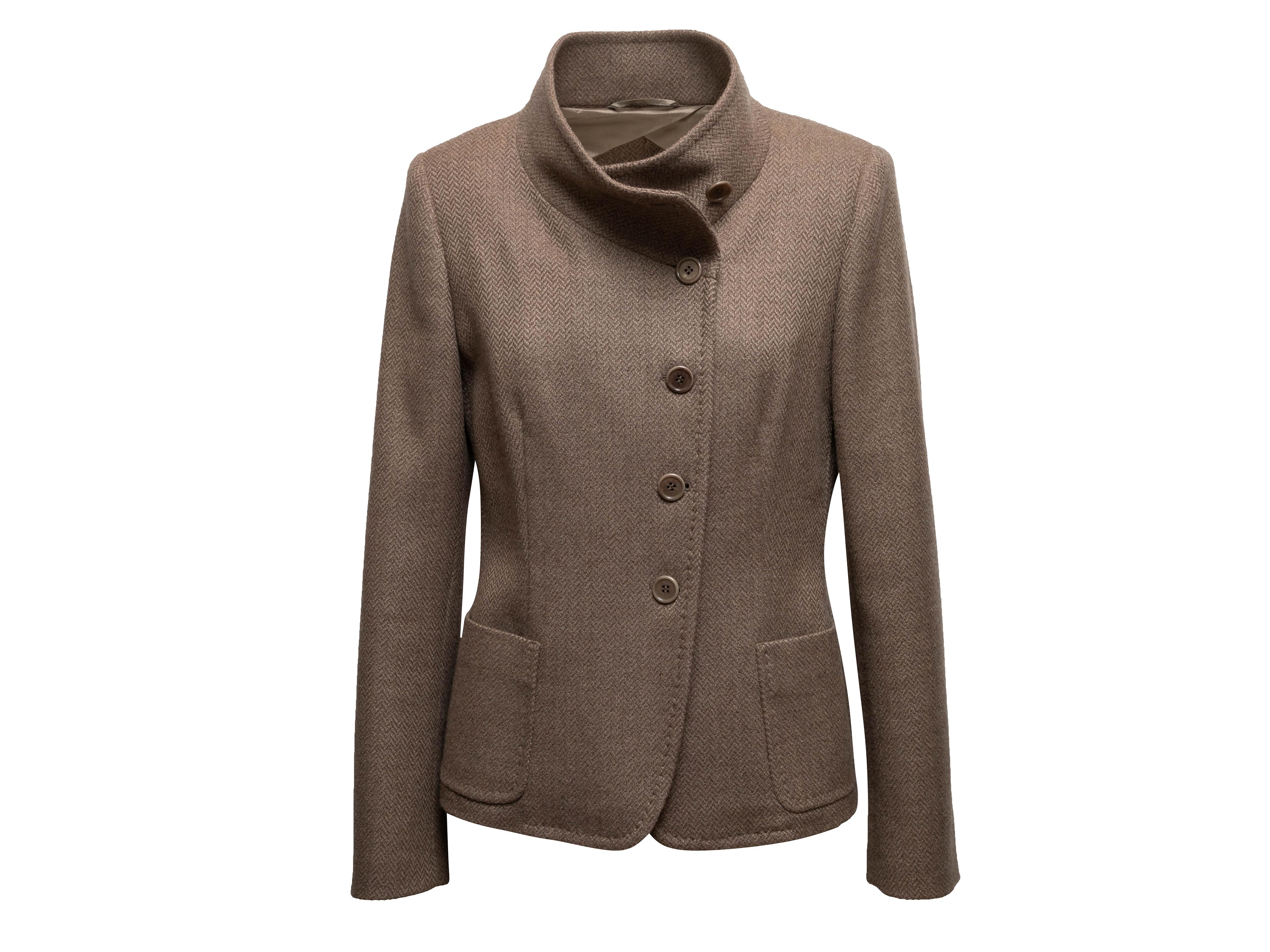 Brown virgin wool and cashmere herringbone jacket by Max Mara. Stand collar. Dual hip pockets. Button closures at center front. 36