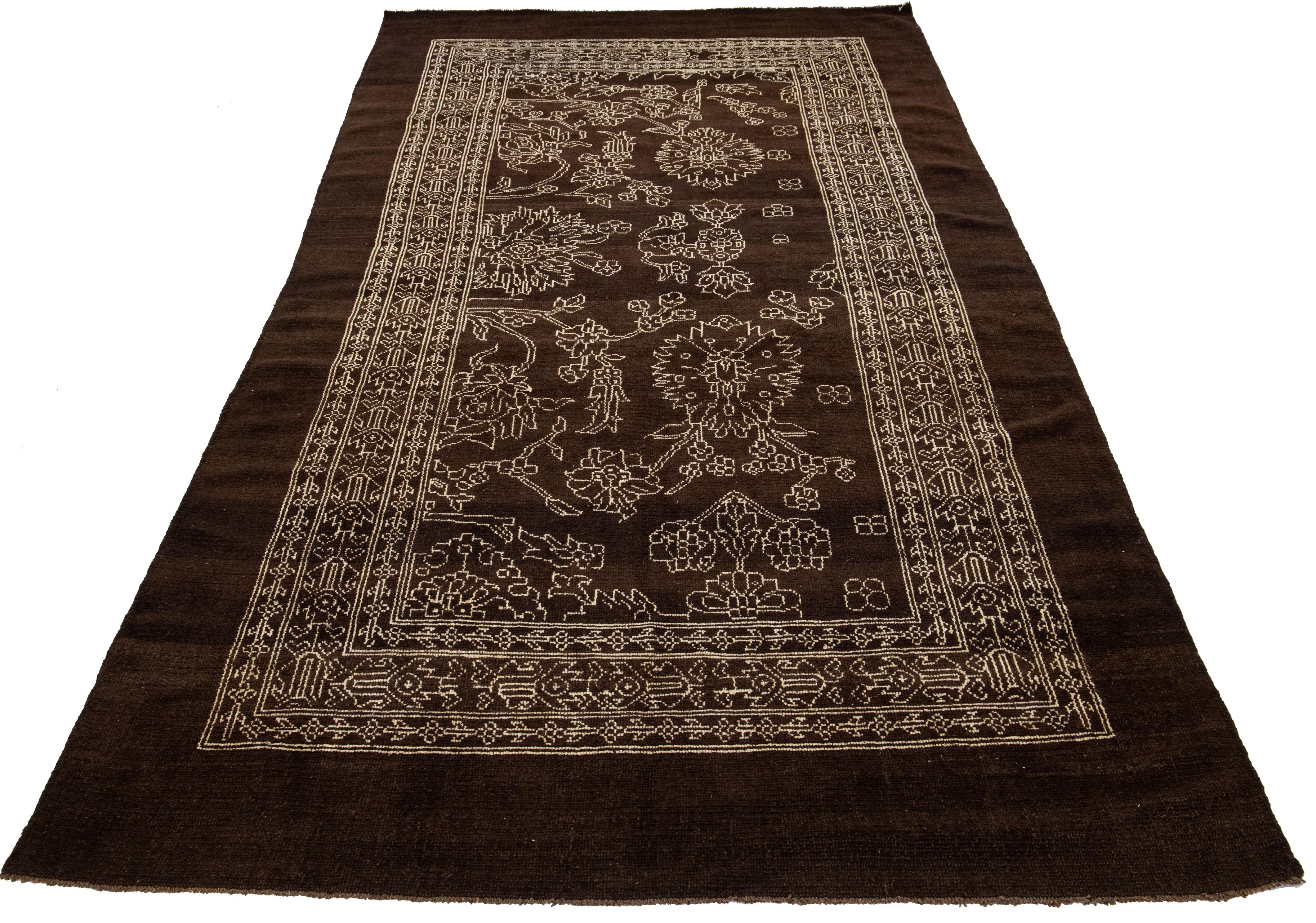 Afghan Brown Mid-Century Modern Style Handmade Allover Designed Wool Rug by Apadana For Sale