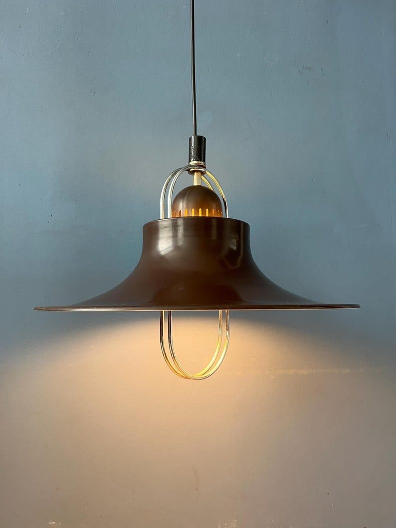 Brown Mid Century Pendant Lamp with Chrome Details, 1970s In Good Condition For Sale In ROTTERDAM, ZH