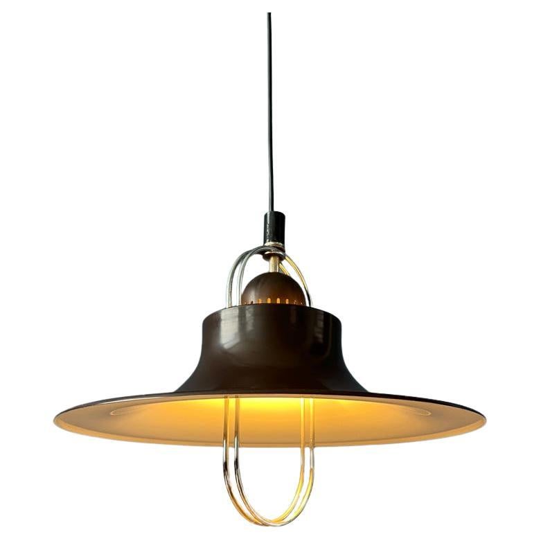 Brown Mid Century Pendant Lamp with Chrome Details, 1970s For Sale