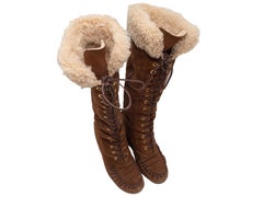 Brown Miu Miu Shearling Knee-High Wedge Boots Size 37.5