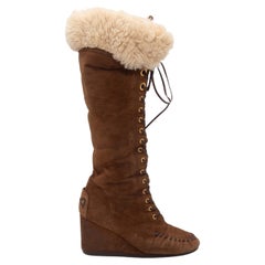 Brown Miu Miu Shearling Knee-High Wedge Boots Size 37.5