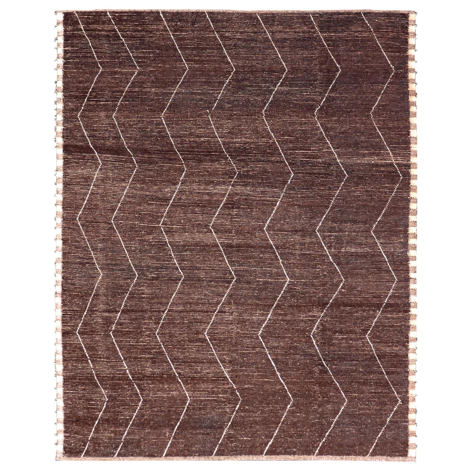 Brown Modern Causal Contemporary Rug in Moroccan Zig-Zag Design In Cream
