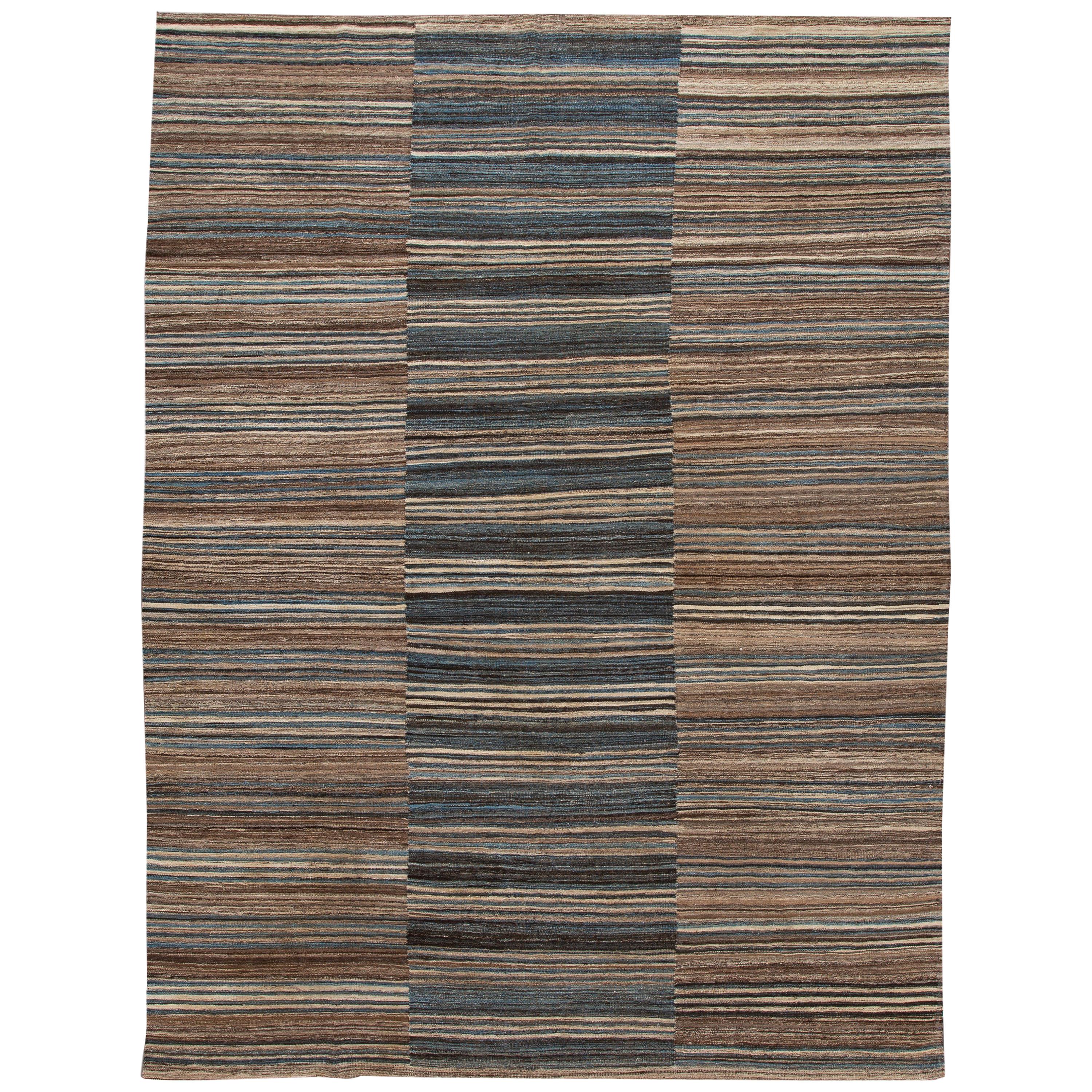 Tapis moderne en laine marron à tissage plat fait à la main