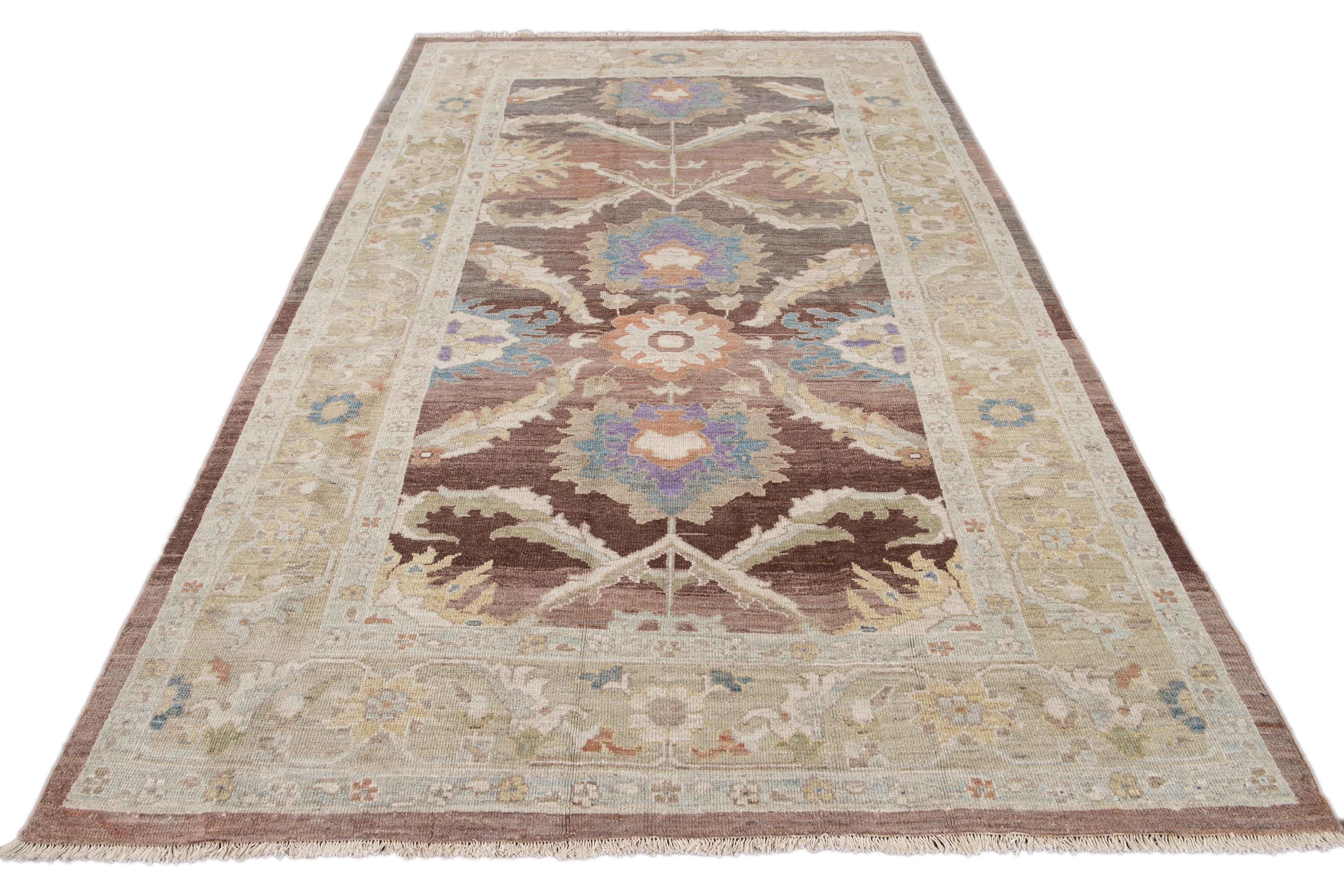 Asian Brown Modern Floral Sultanabad Handmade Wool Rug For Sale