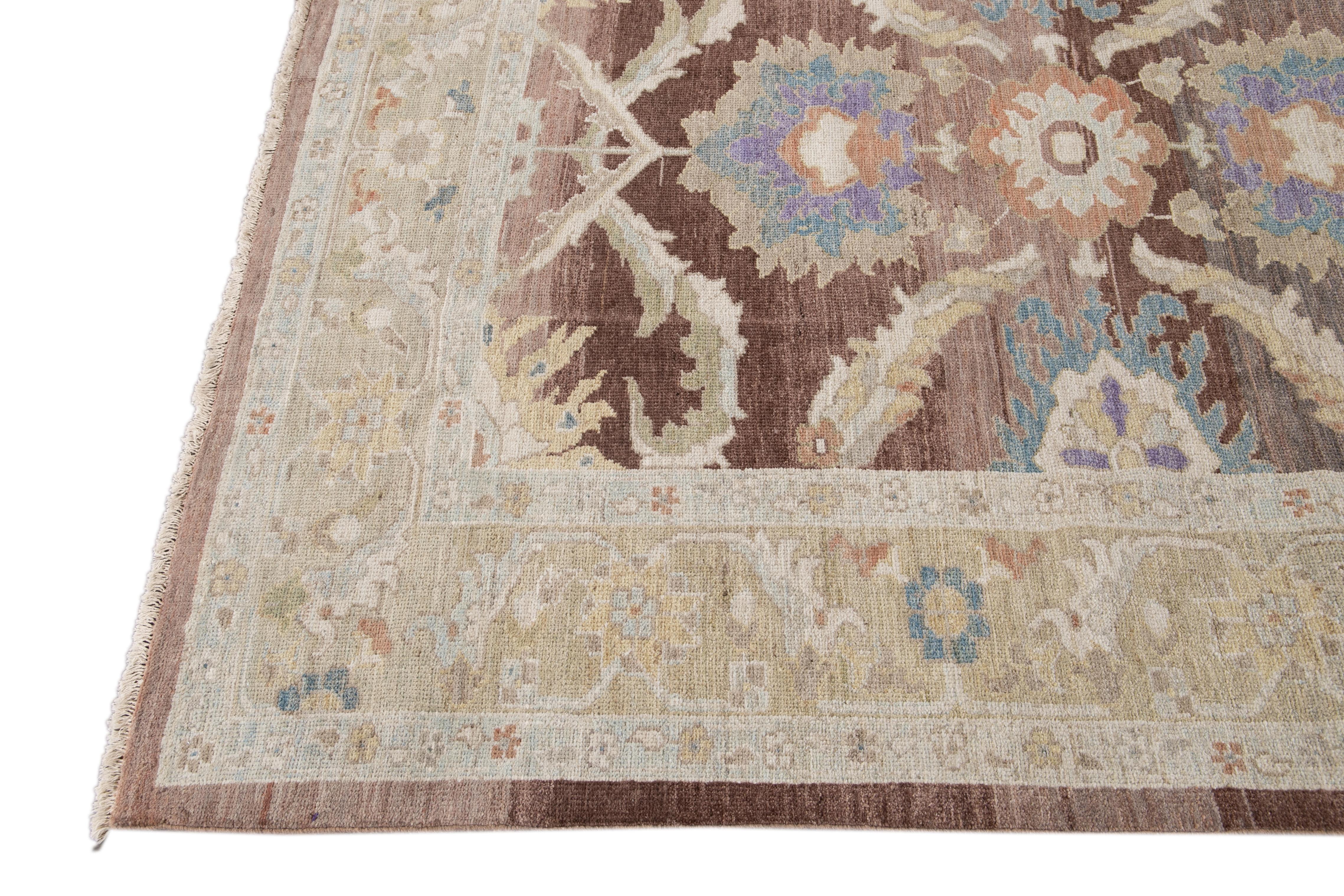 Hand-Knotted Brown Modern Floral Sultanabad Handmade Wool Rug For Sale