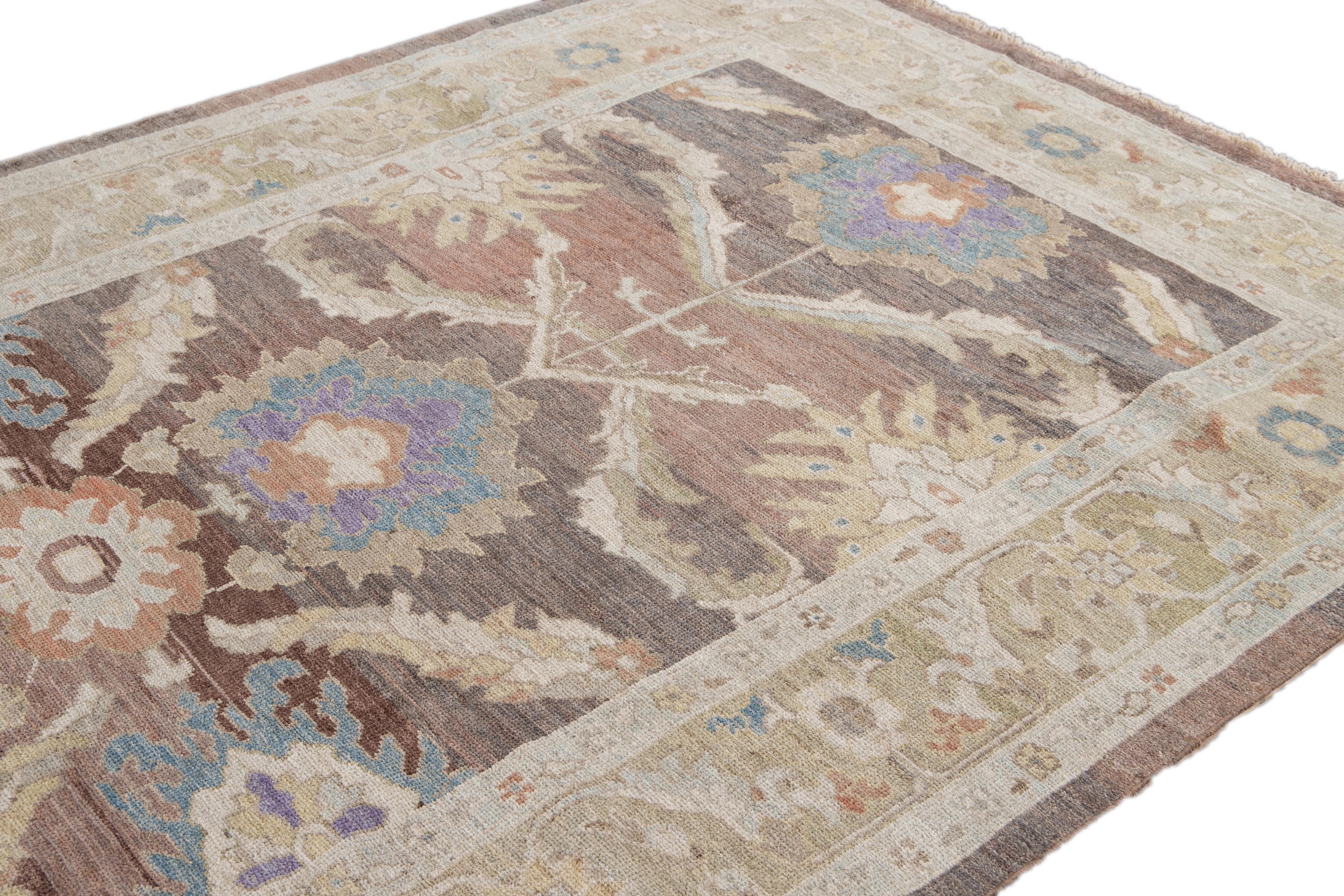 Contemporary Brown Modern Floral Sultanabad Handmade Wool Rug For Sale