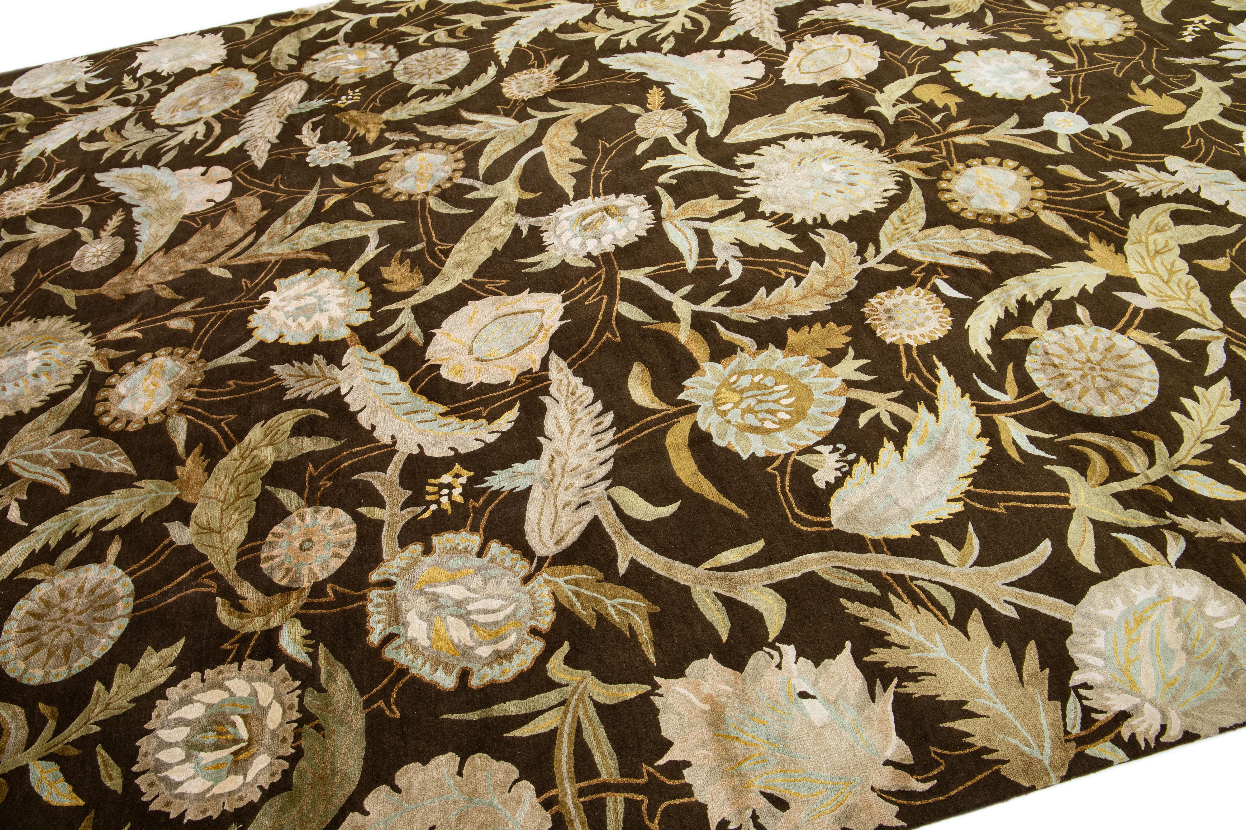 Mid-Century Modern Brown Modern Ikat Handmade Floral Pattern Designed Wool Rug For Sale