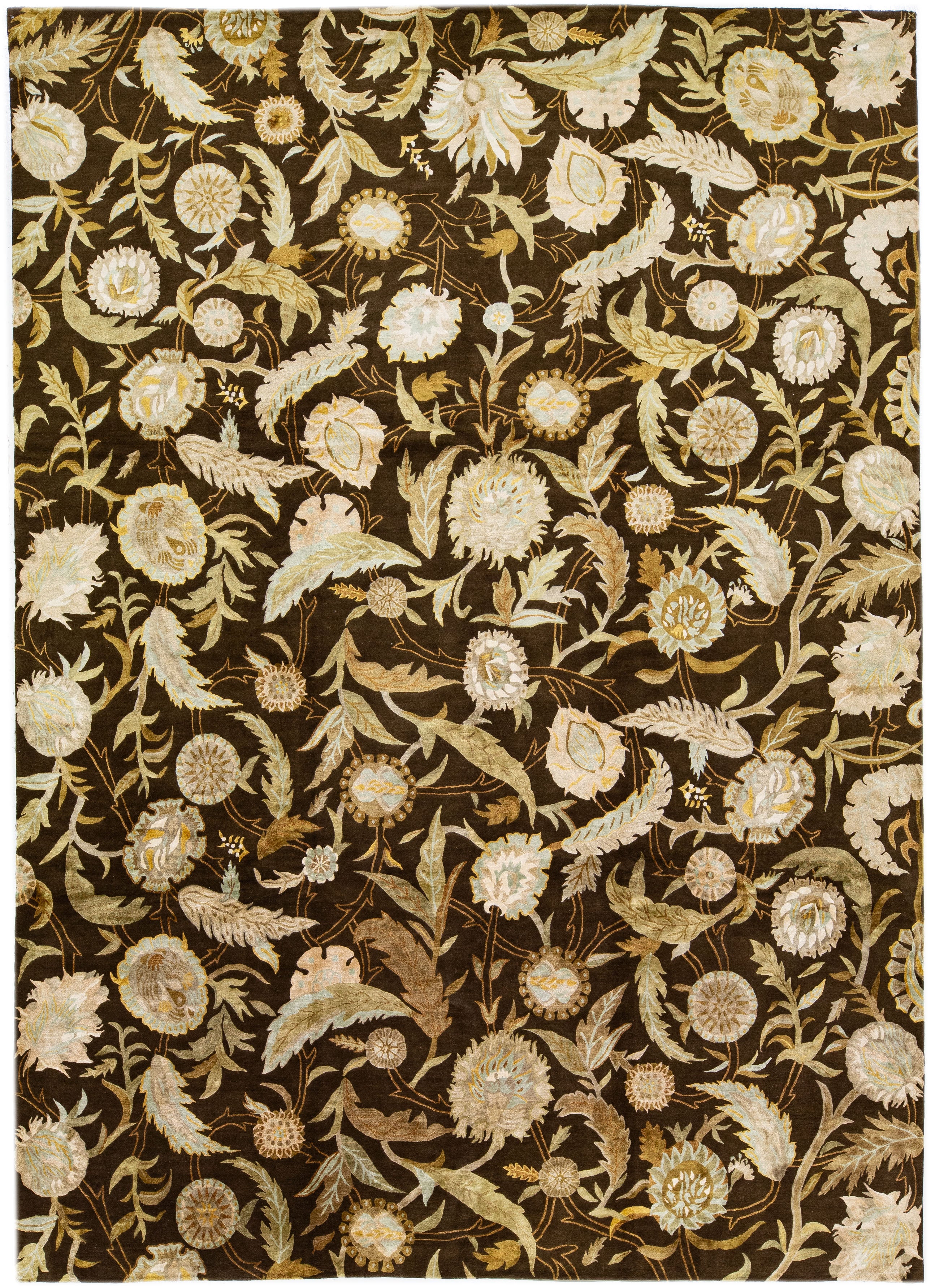 Brown Modern Ikat Handmade Floral Pattern Designed Wool Rug For Sale