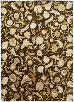 Tapis en laine Ikat moderne, brun, fait à la main, à motif floral.