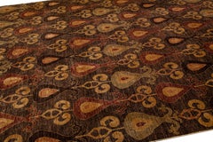 Brown Modern Ikat Handmade Geometric Pattern Designed Wool Rug