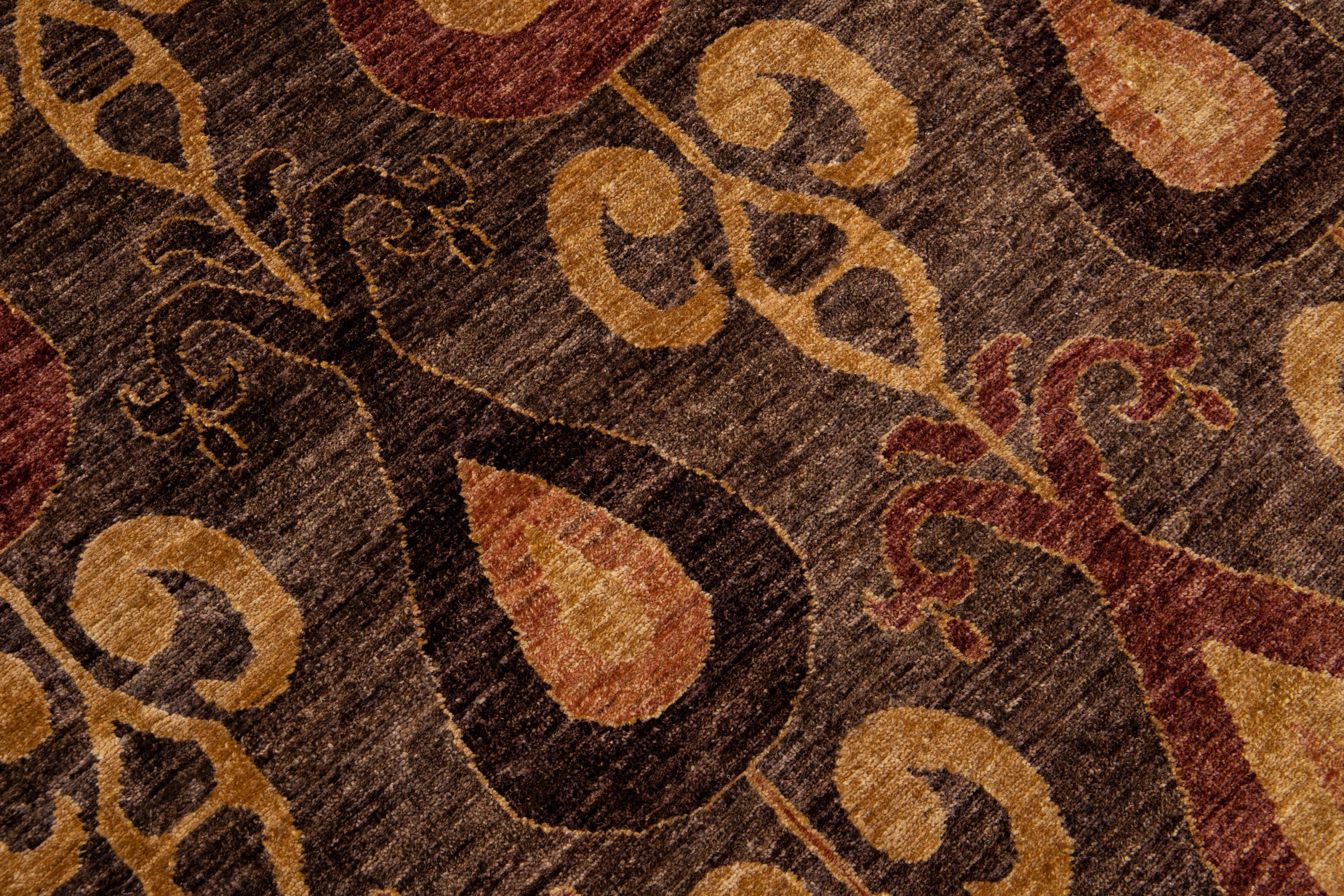Contemporary Brown Modern Ikat Handmade Geometric Pattern Designed Wool Rug For Sale