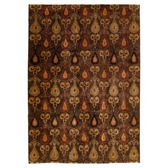 Tapis Ikat moderne en laine marron à motifs géométriques fait à la main