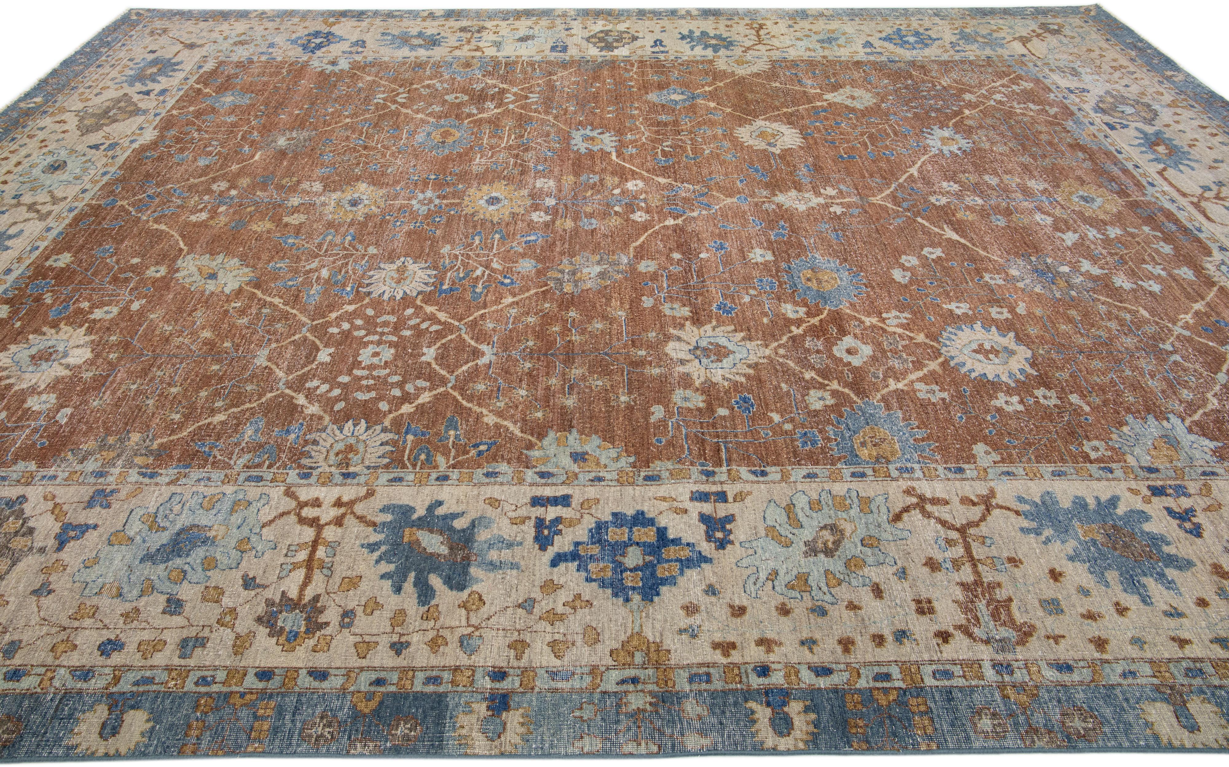 Brown Modern Indian Handmade Floral Wool Rug In New Condition For Sale In Norwalk, CT