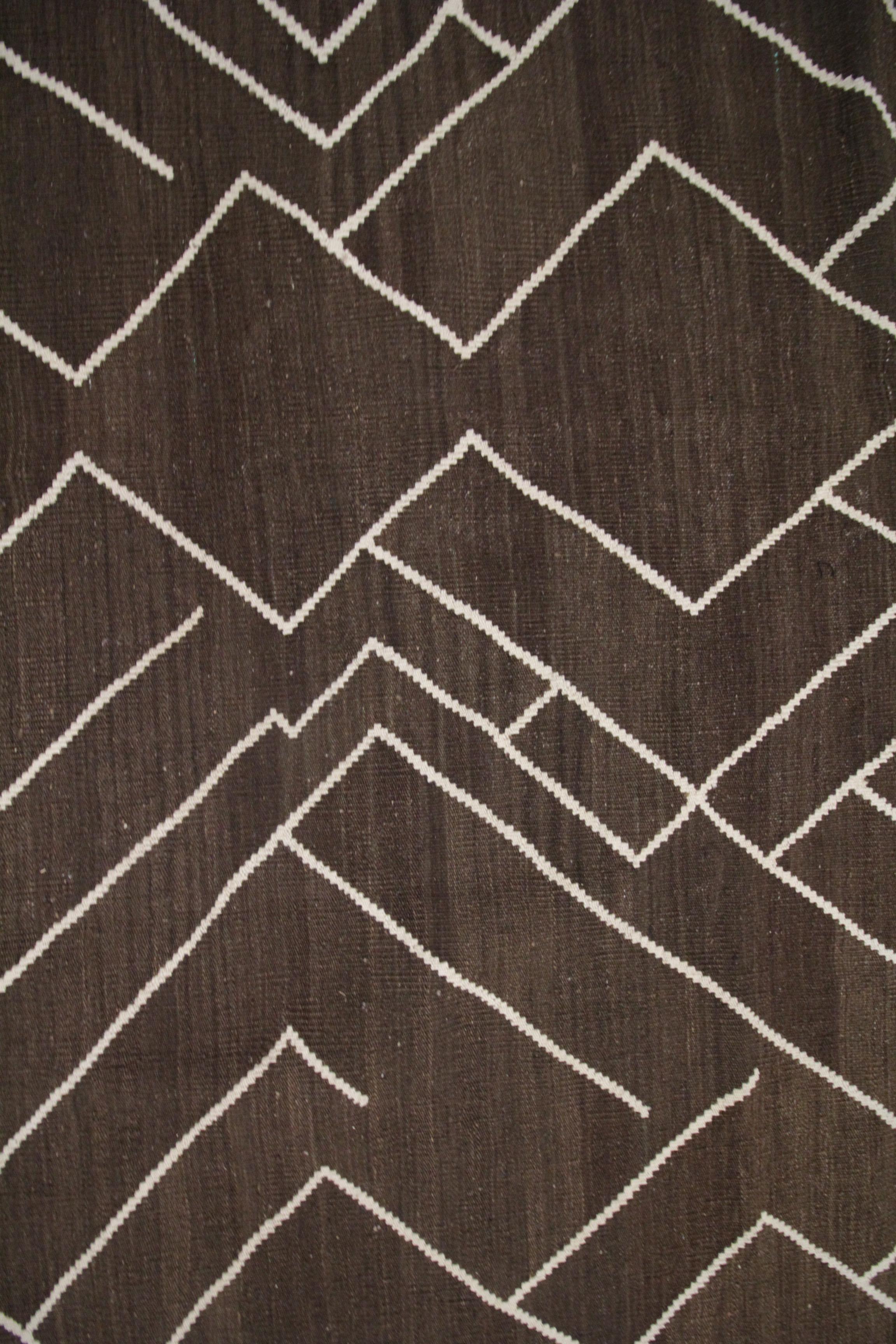 Afghan Brown Modern Kilim Rug Scandinavian Style Wool Rug, Geometric Carpet For Sale