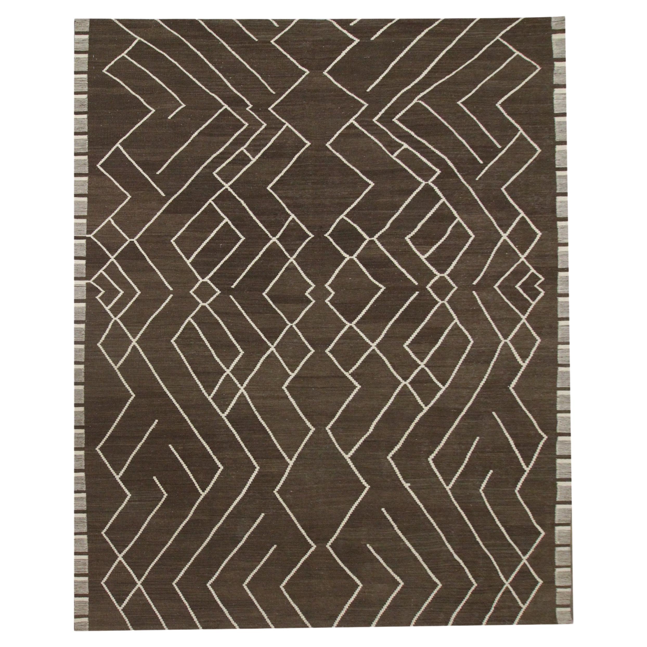 Brown Modern Kilim Rug Scandinavian Style Wool Rug, Geometric Carpet For Sale
