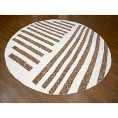 Brown Modern Minimalist Stripe Design Hand Knotted Soft Wool Oriental Round Rug