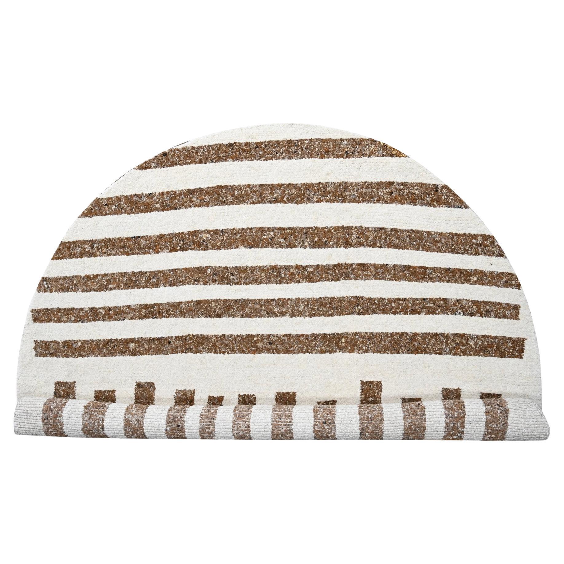 Brown Modern Minimalist Stripe Design Hand Knotted Soft Wool Oriental Round Rug im Angebot