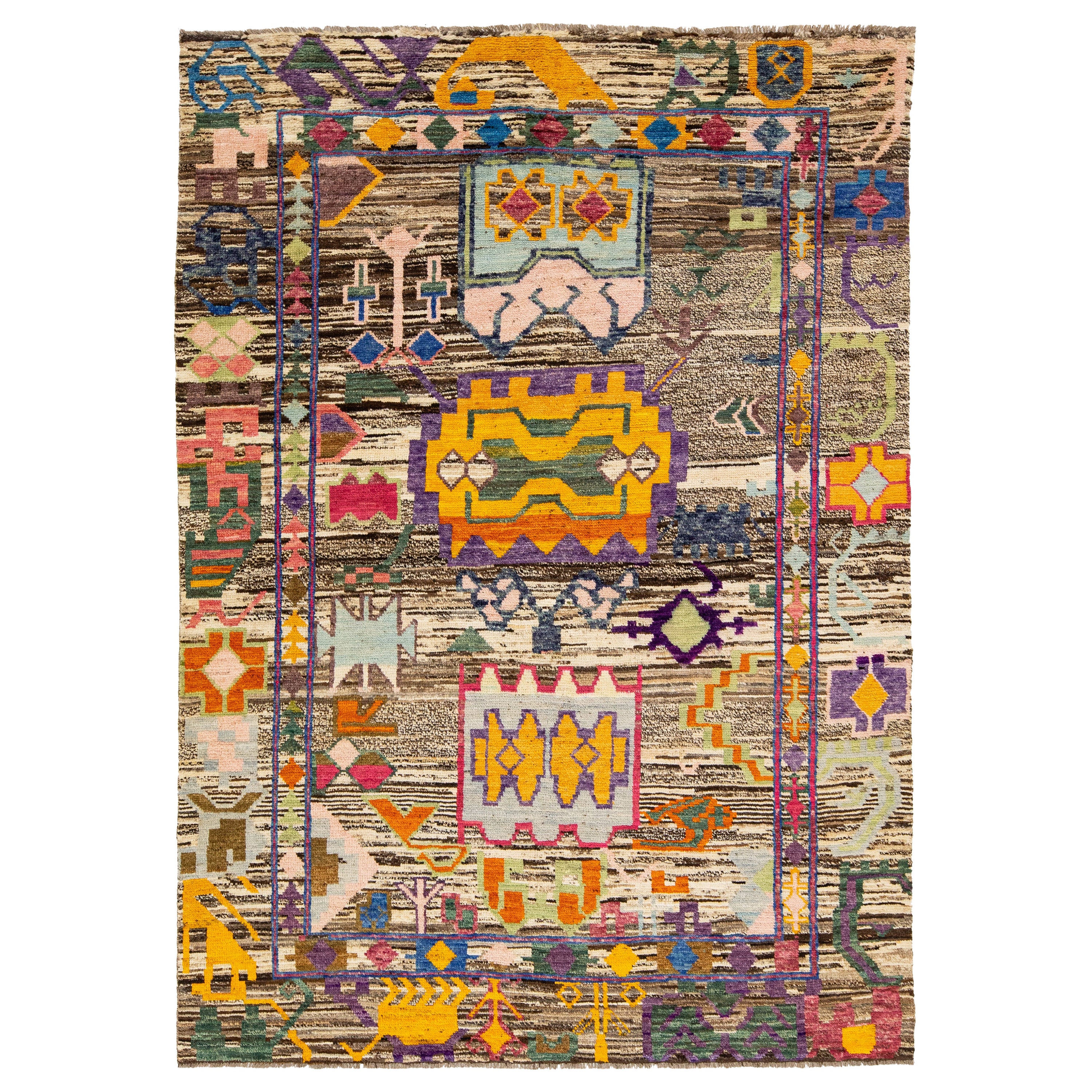 Brauner Moderner Marokkanischer Stil Handgefertigter Wollteppich