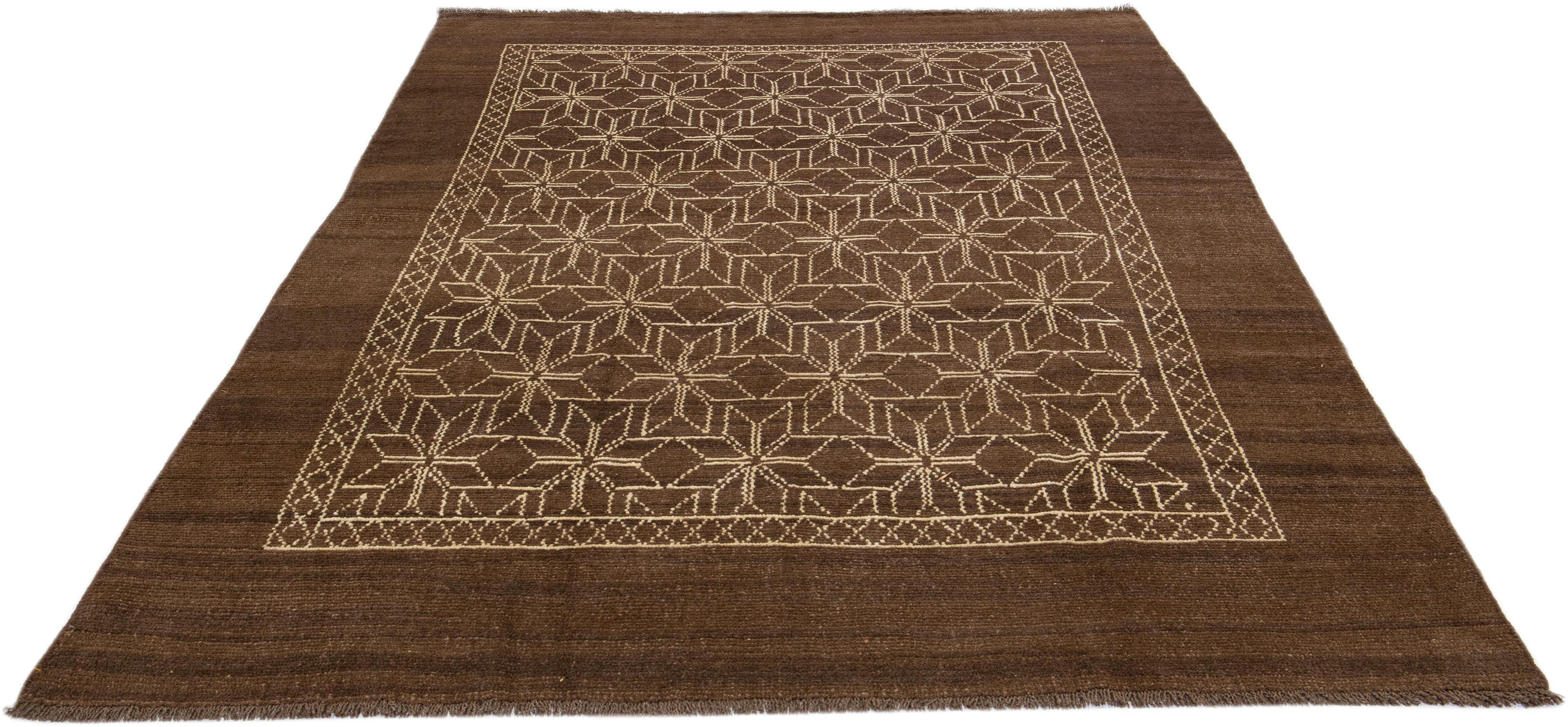 Afghan Brown Modern Moroccan Style Handmade Geometric Designed Wool Rug by Apadana For Sale