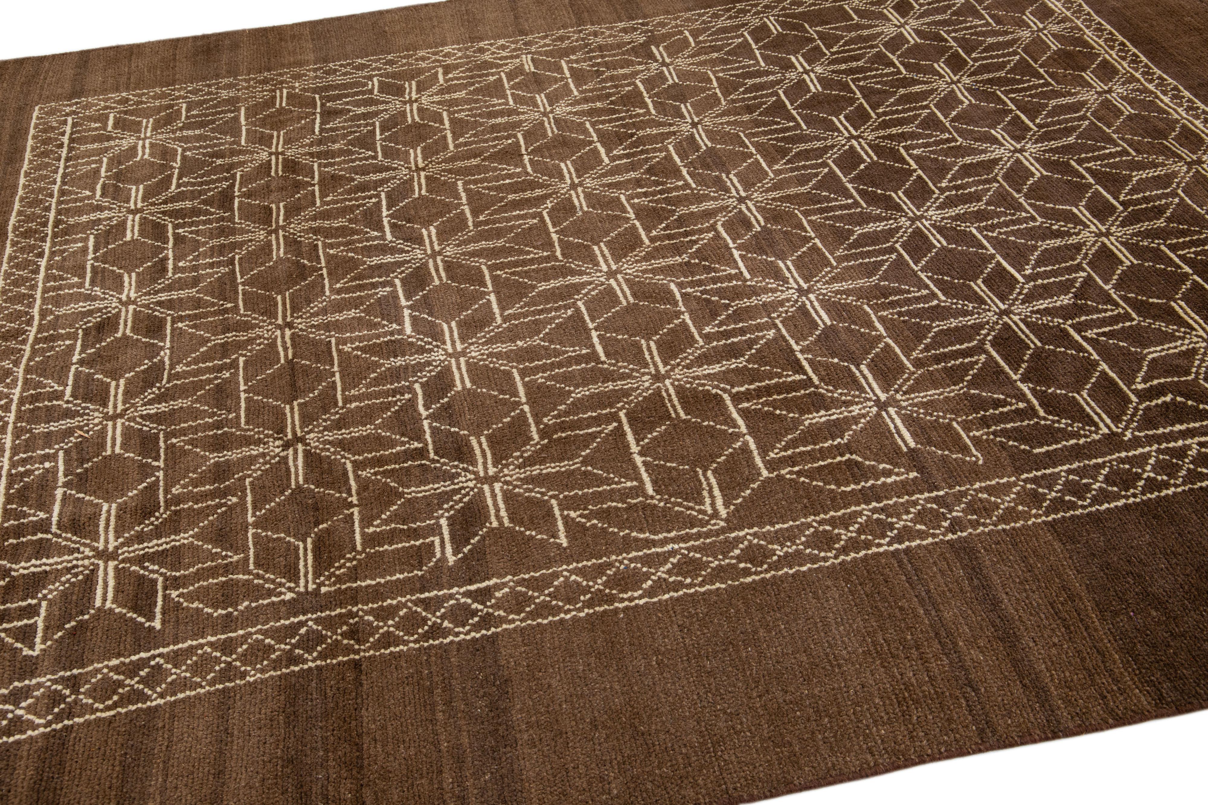 Hand-Knotted Brown Modern Moroccan Style Handmade Geometric Designed Wool Rug by Apadana For Sale