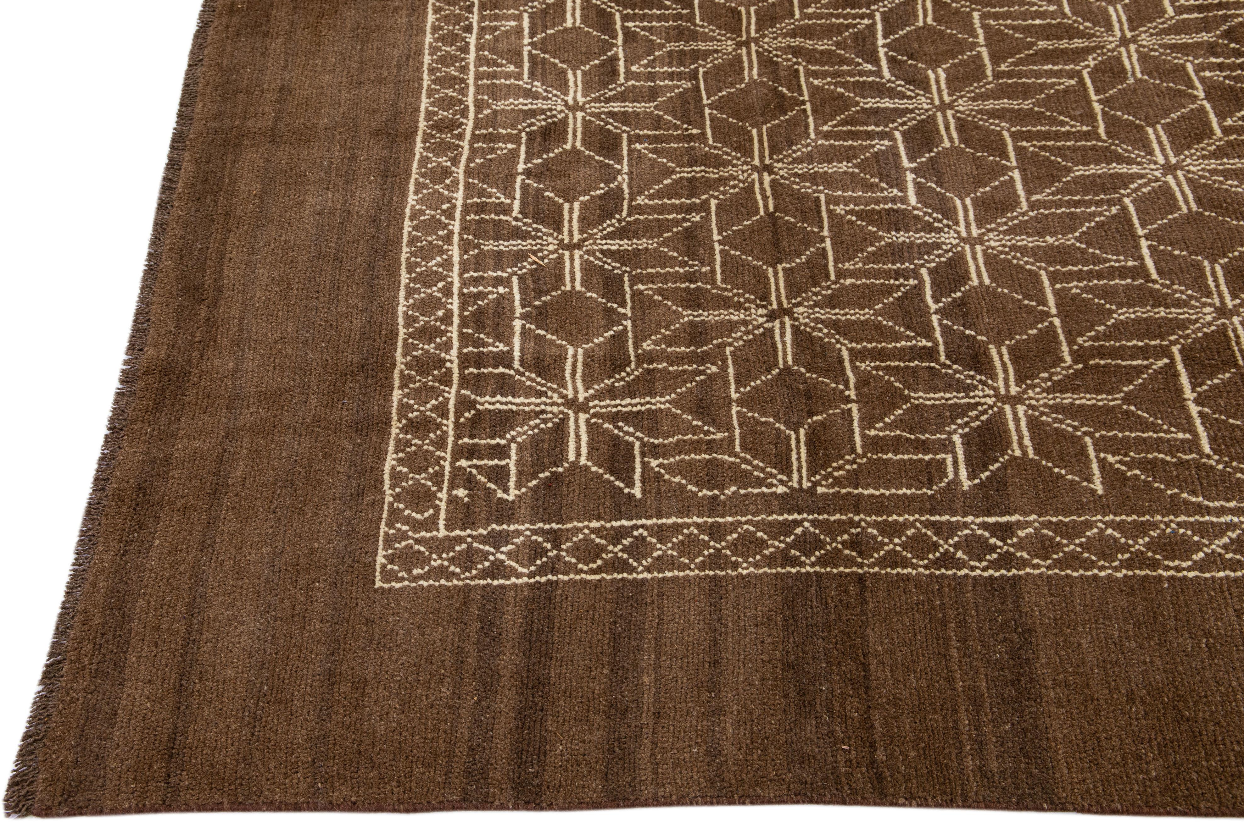 Brown Modern Moroccan Style Handmade Geometric Designed Wool Rug by Apadana In New Condition For Sale In Norwalk, CT