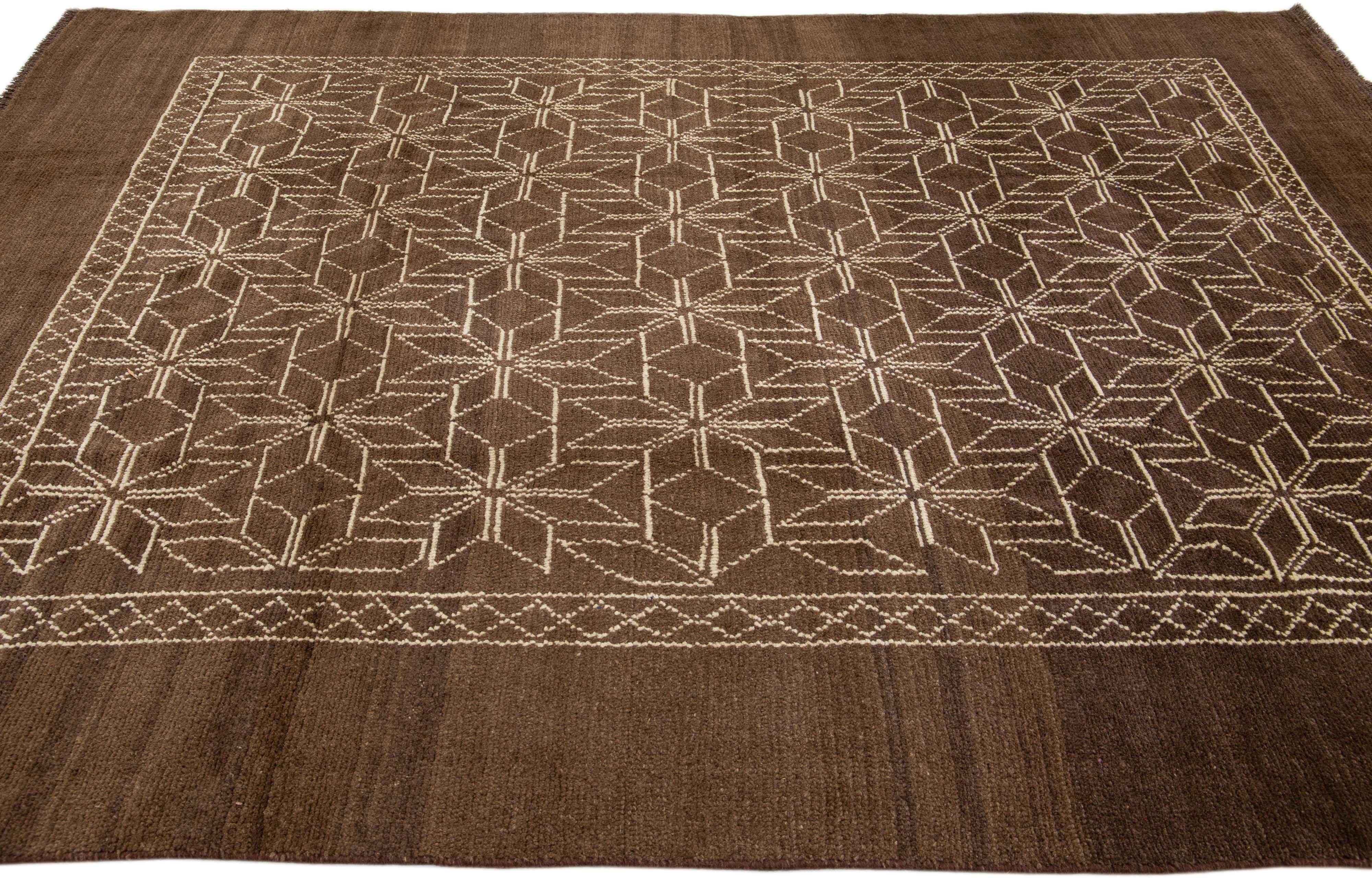 Contemporary Brown Modern Moroccan Style Handmade Geometric Designed Wool Rug by Apadana For Sale
