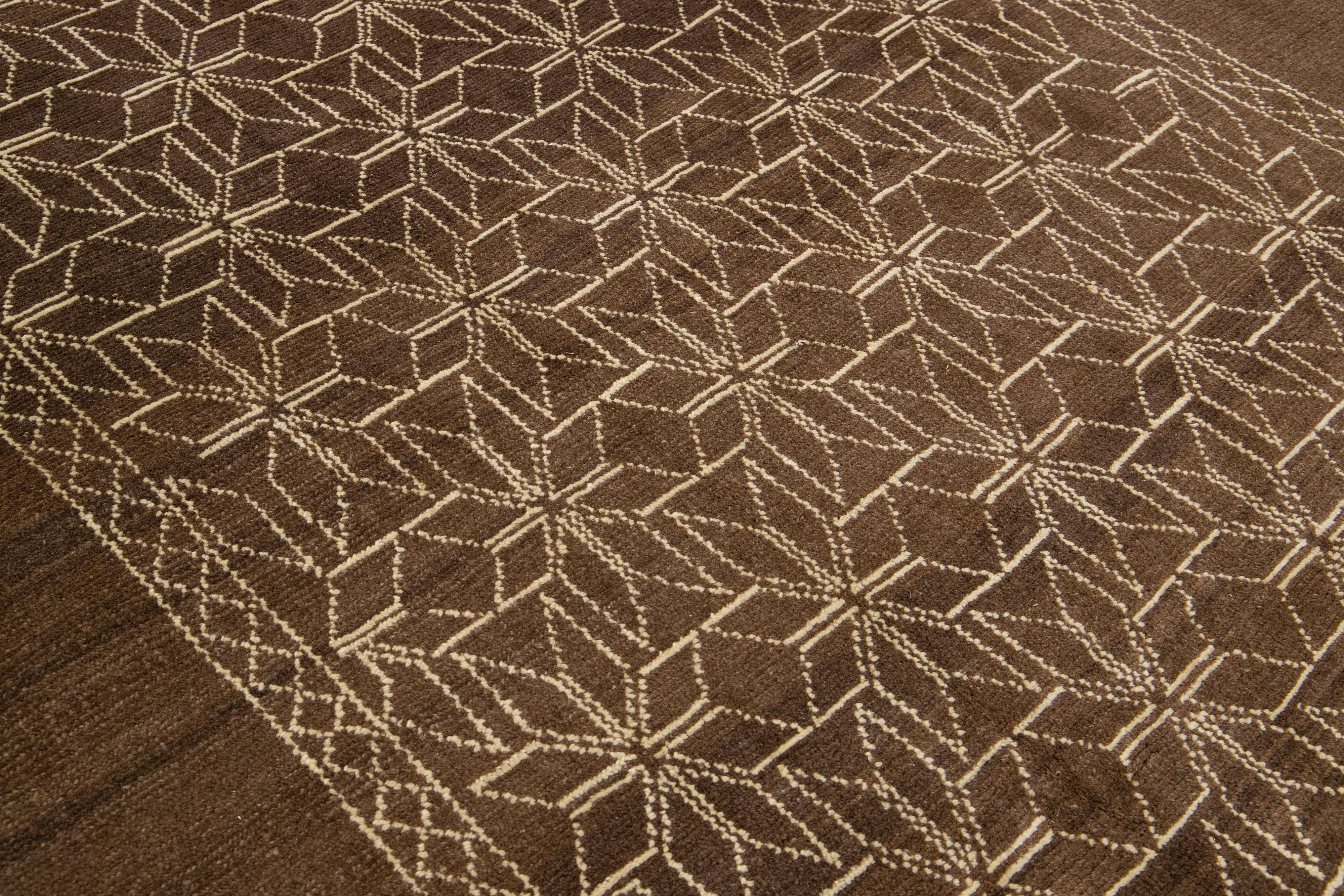 Brown Modern Moroccan Style Handmade Geometric Designed Wool Rug by Apadana For Sale 1