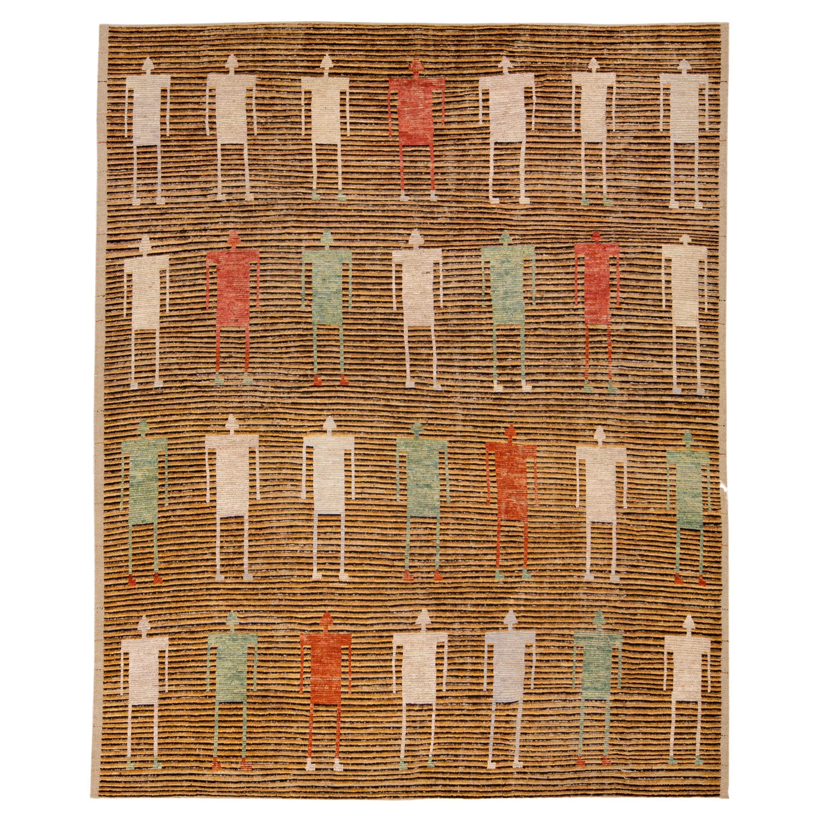 Brown Modern Moroccan Style Handmade People Pattern Motif Oversize Wool Rug For Sale