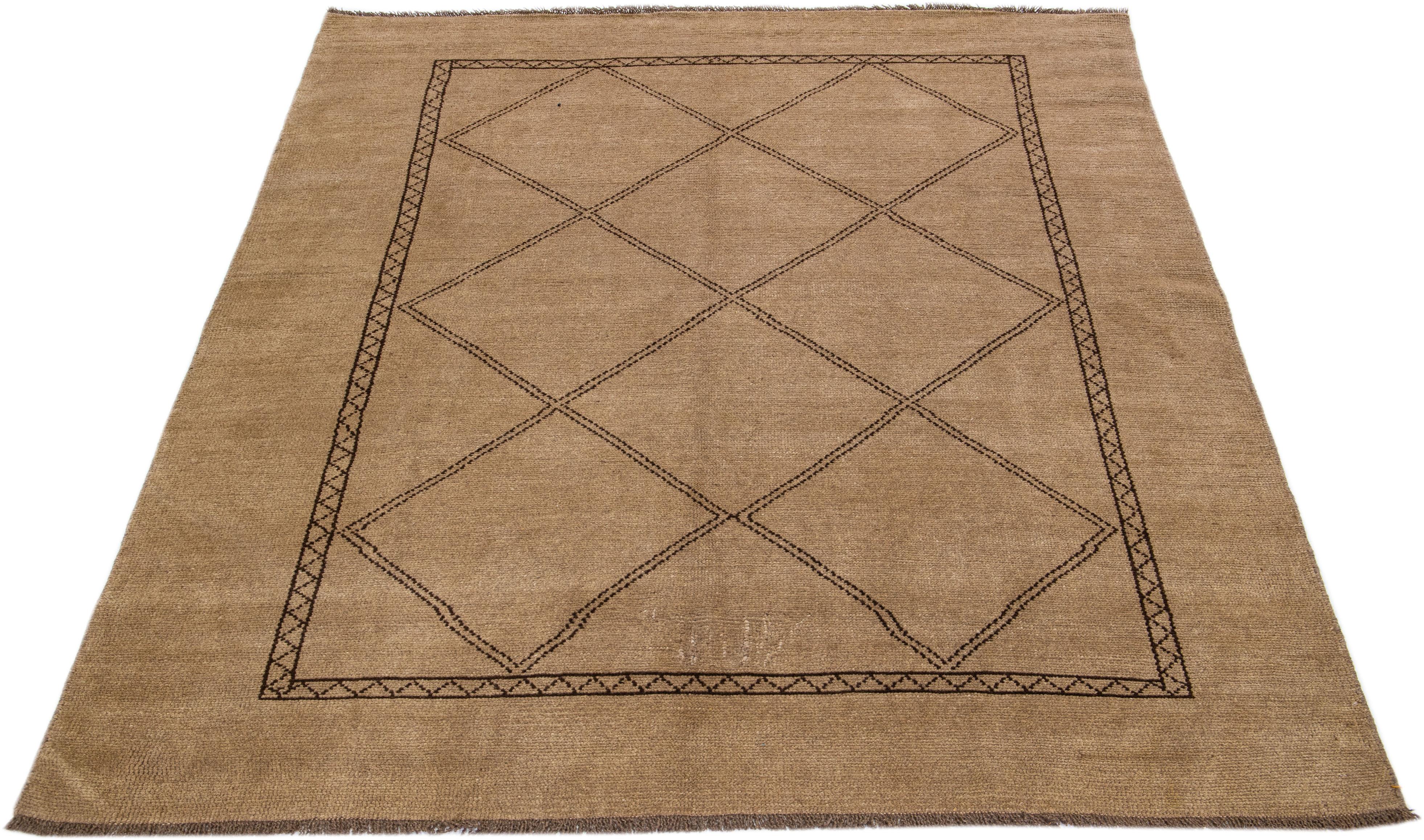 Afghan Brown Modern Moroccan Style Handmade Tribal Motif Wool Rug by Apadana For Sale