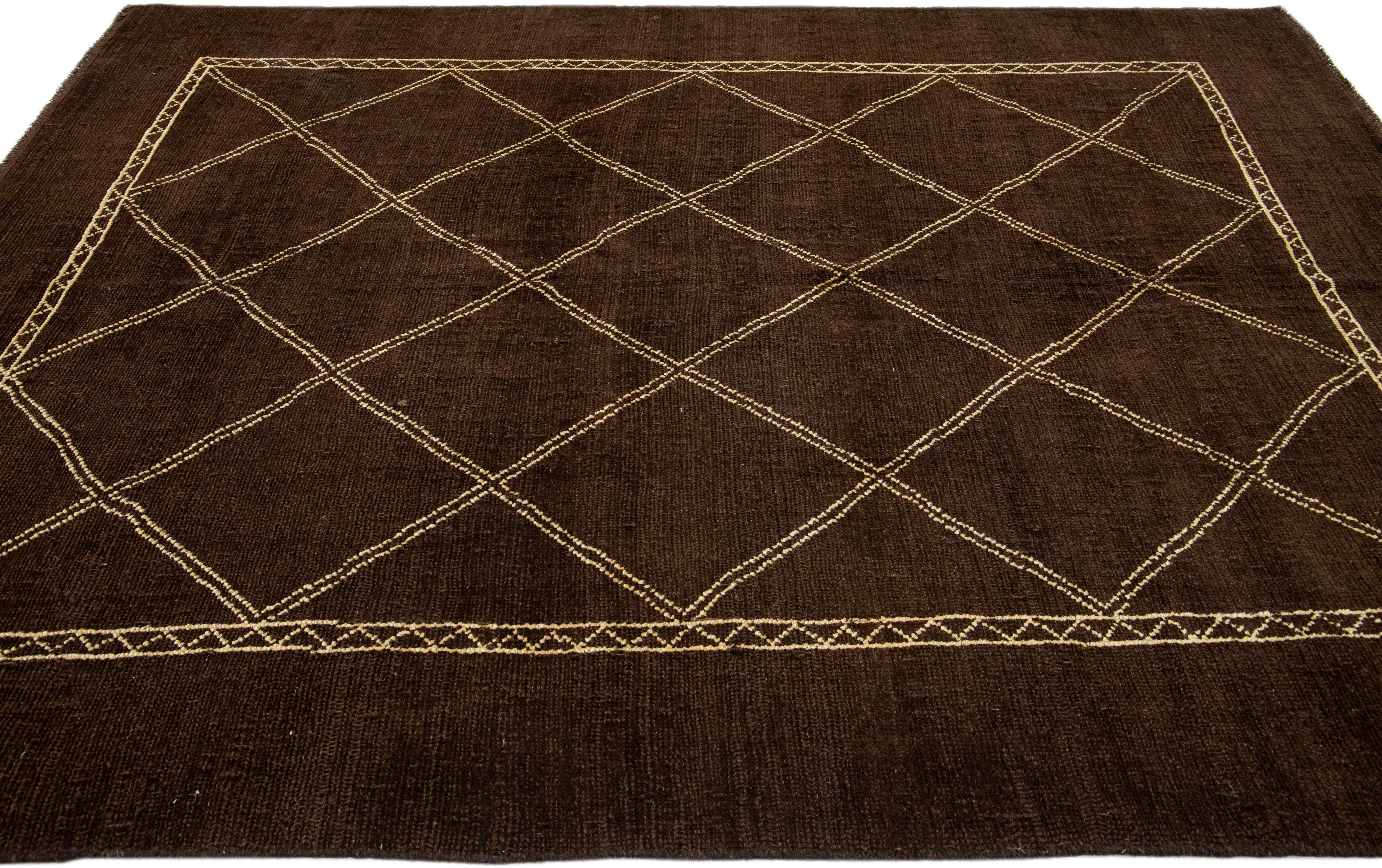 Hand-Knotted Brown Modern Moroccan Style Handmade Tribal Motif Wool Rug by Apadana For Sale