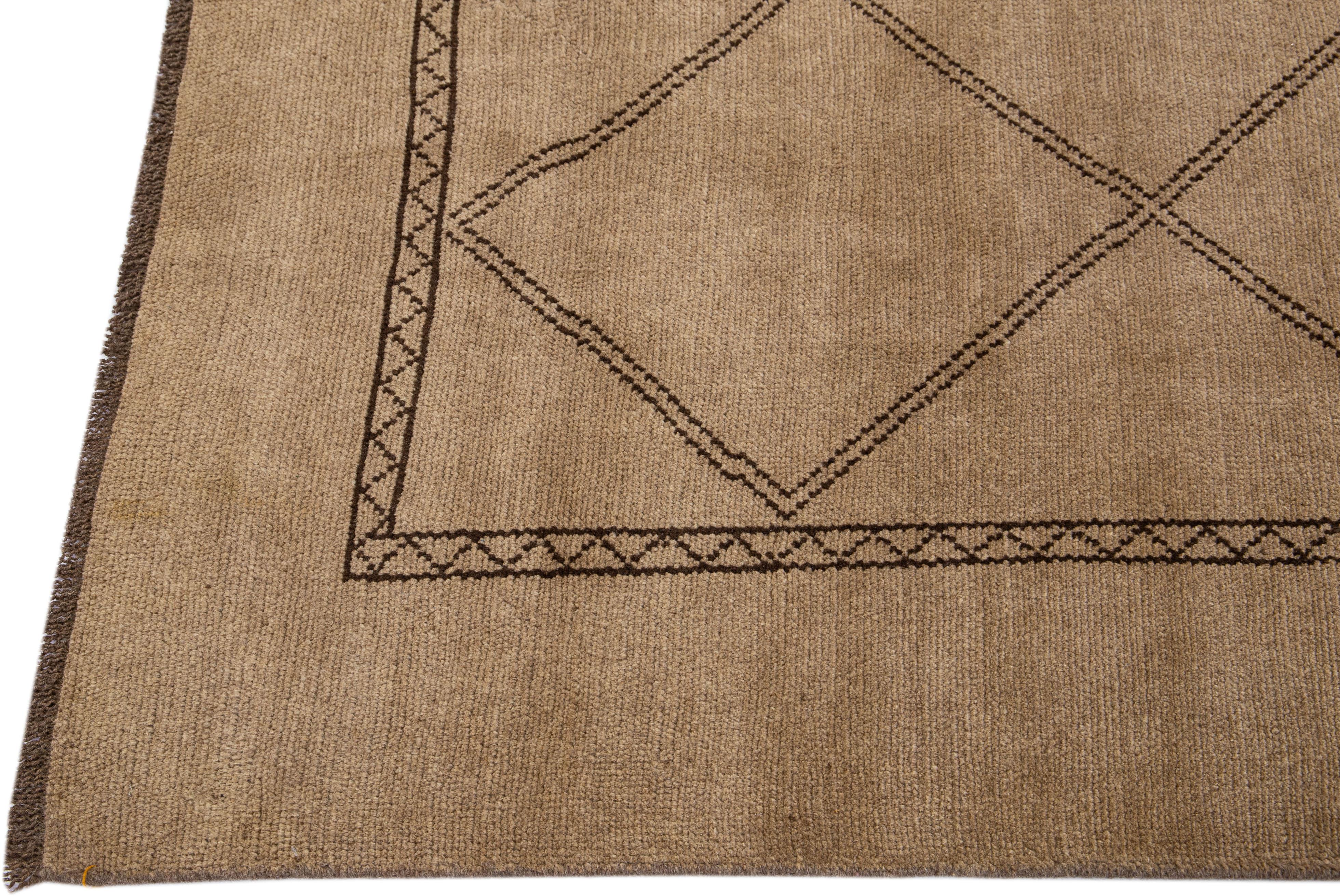 Hand-Knotted Brown Modern Moroccan Style Handmade Tribal Motif Wool Rug by Apadana For Sale