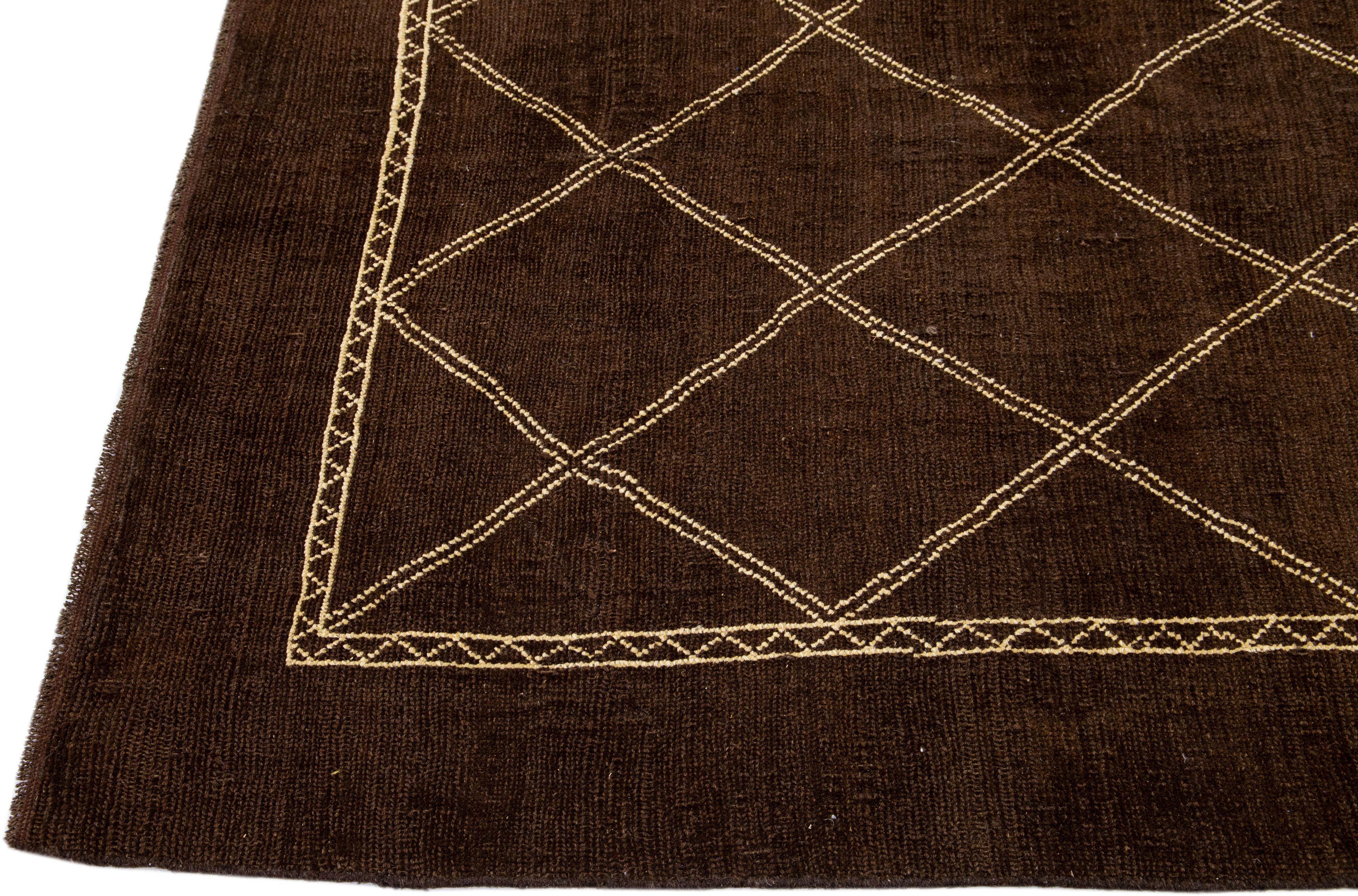 Brown Modern Moroccan Style Handmade Tribal Motif Wool Rug by Apadana In New Condition For Sale In Norwalk, CT
