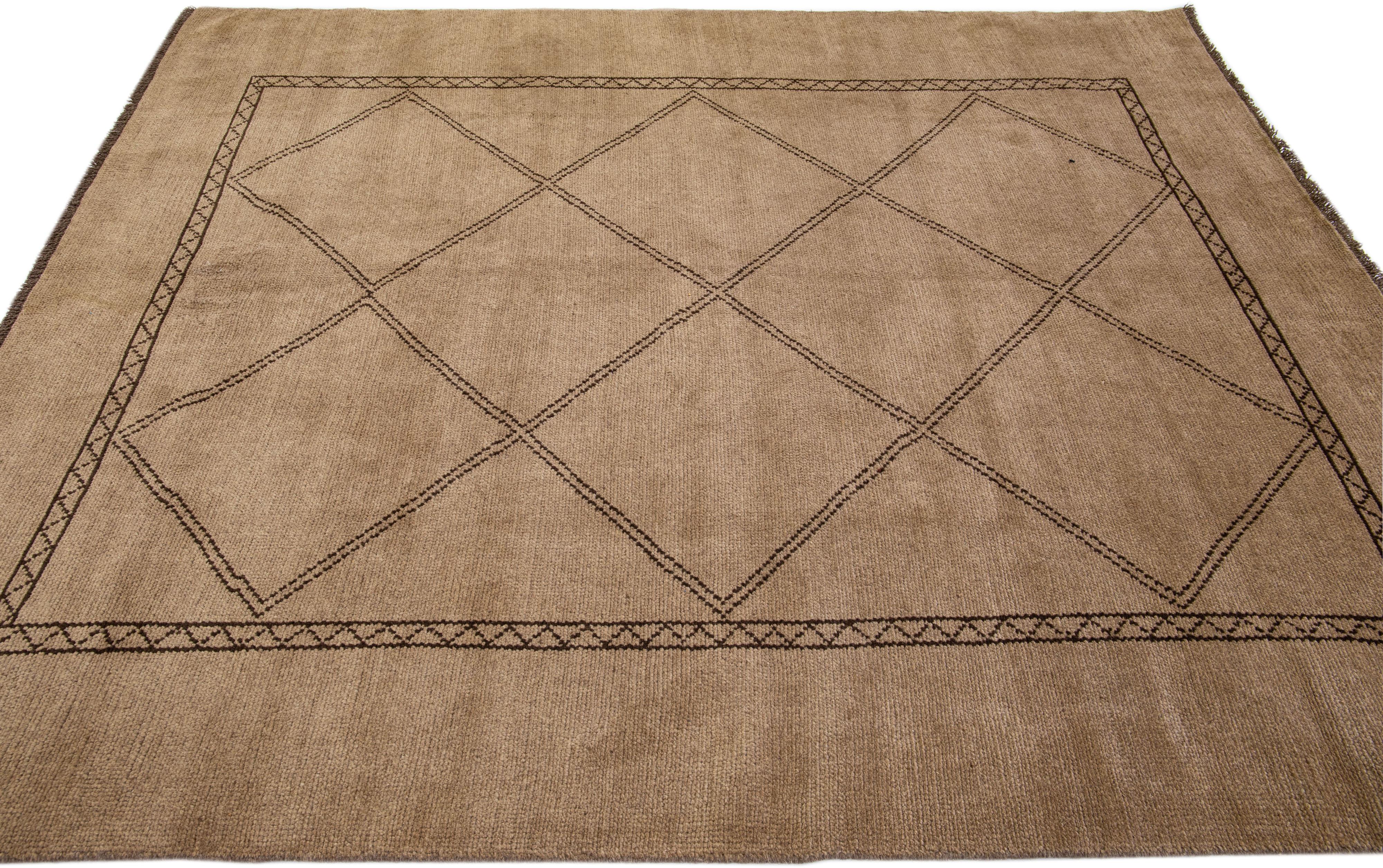 Brown Modern Moroccan Style Handmade Tribal Motif Wool Rug by Apadana In New Condition For Sale In Norwalk, CT