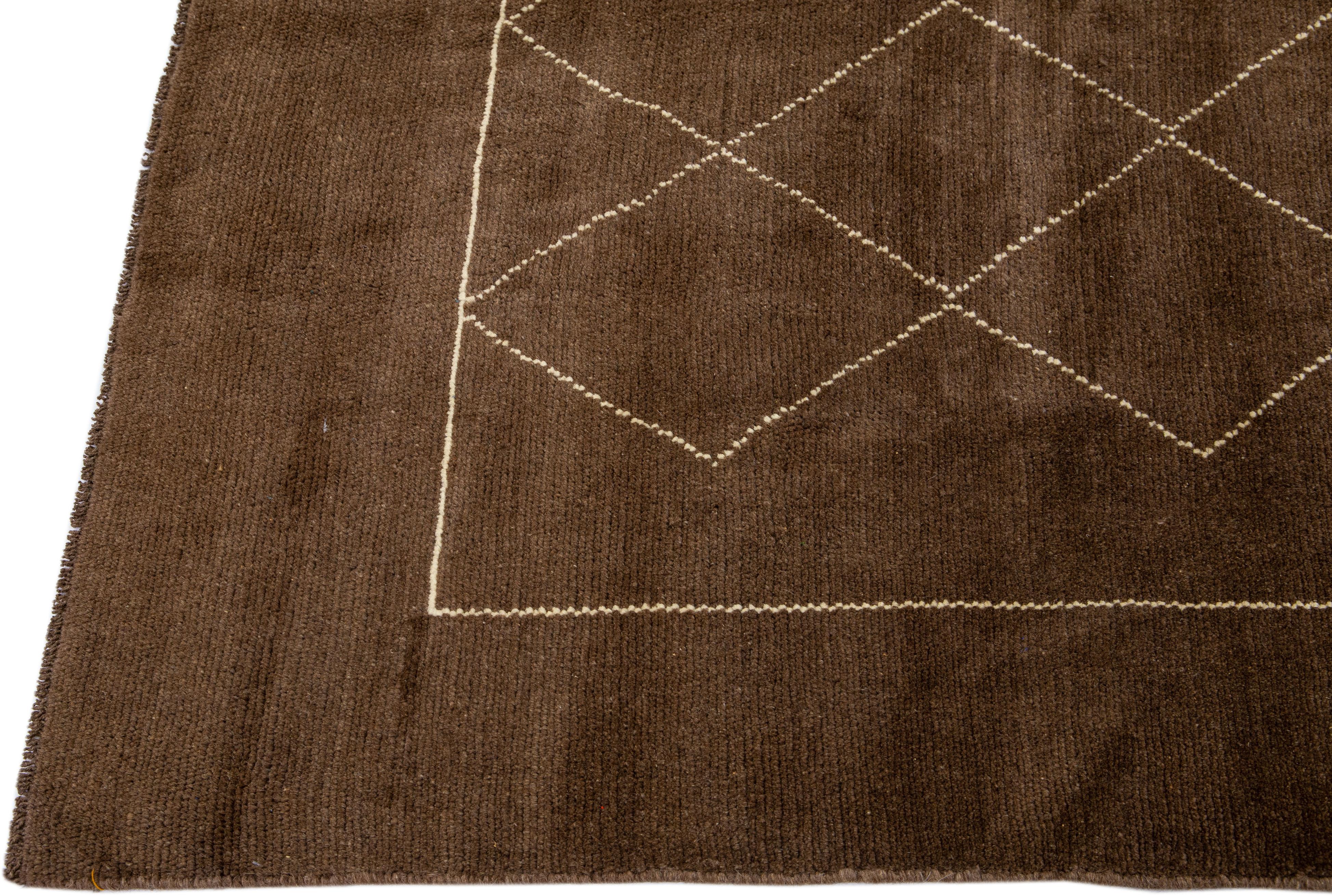 Hand-Knotted Brown Modern Moroccan Style Handmade Tribal Pattern Wool Rug by Apadana For Sale
